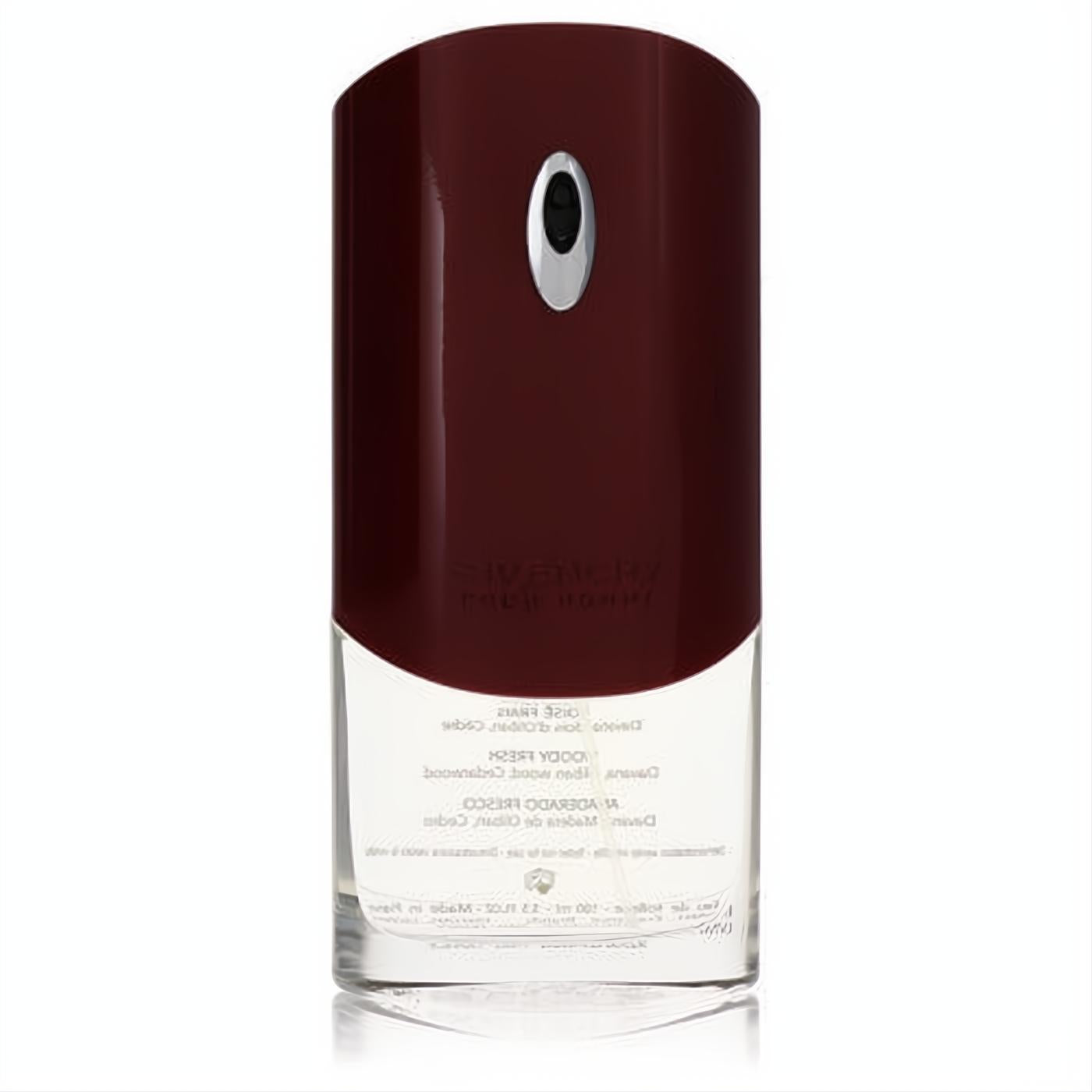 Elegant Givenchy men's Eau De Toilette spray, 3.3 oz tester. Features a sleek burgundy top and clear glass bottle.
