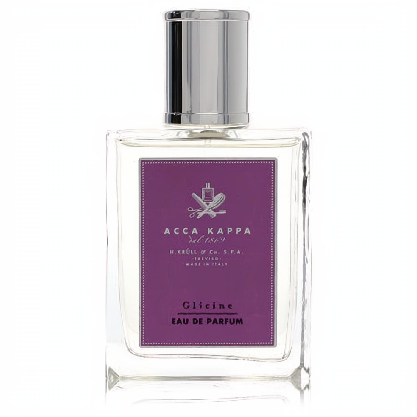 Discover Acca Kappa Glicine Eau De Parfum, a 3.3 oz clear glass bottle with a luxurious silver cap and vibrant purple label.