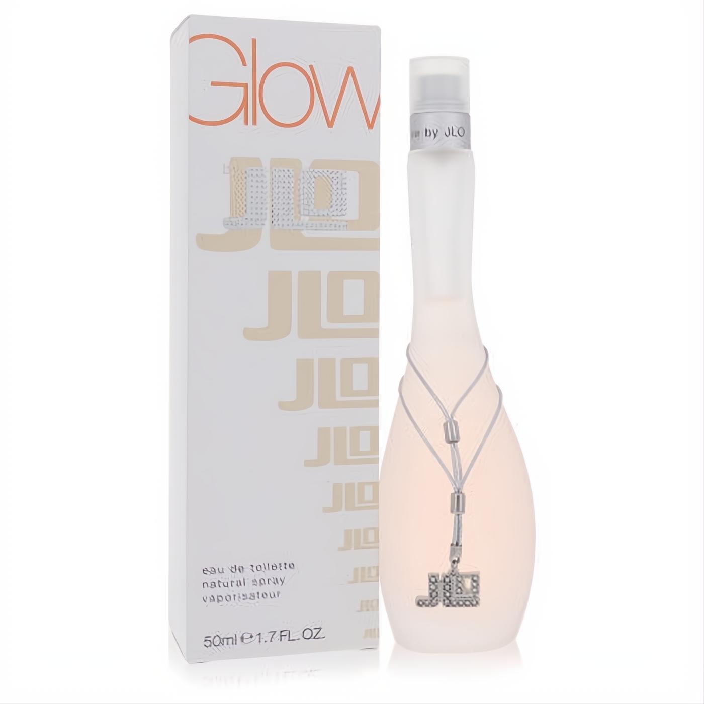 Elegant Glow by JLO 1.7 oz Eau De Toilette spray, featuring a frosted peach bottle with a dazzling JLO charm and matching white box.