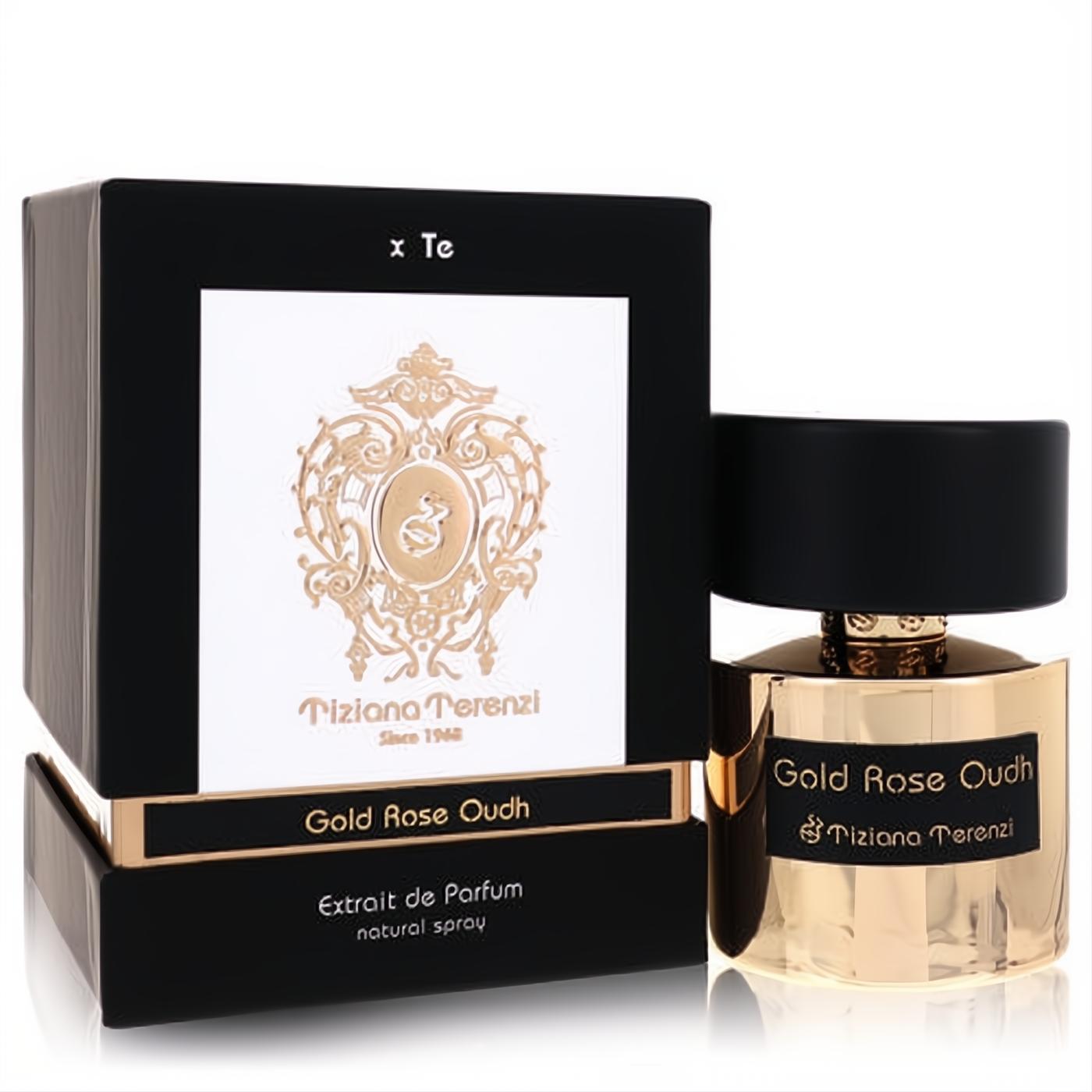 Luxurious Tiziana Terenzi Gold Rose Oudh unisex perfume. Polished gold bottle, sleek black cap, and elegant black box.