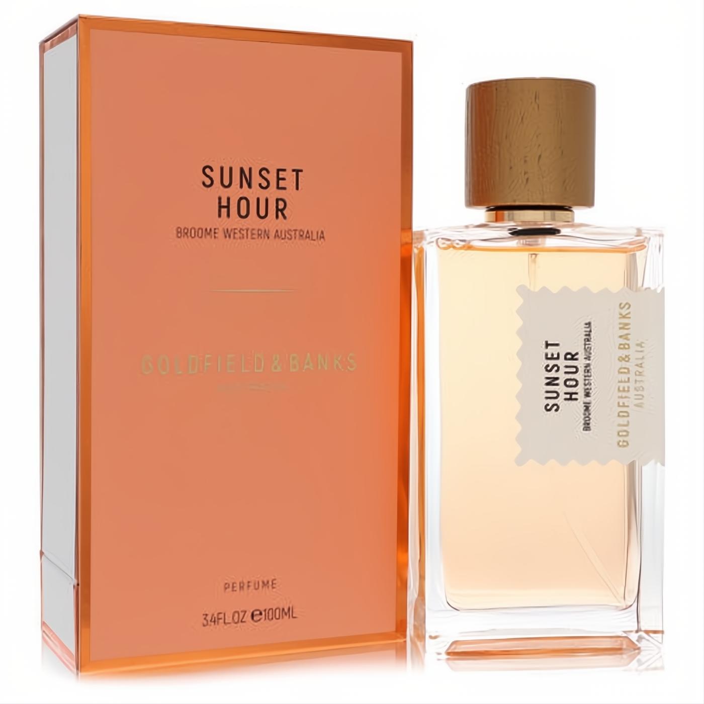 Goldfield & Banks Sunset Hour 3.4oz unisex perfume. Elegant clear bottle with amber liquid, gold cap, and vibrant orange box.