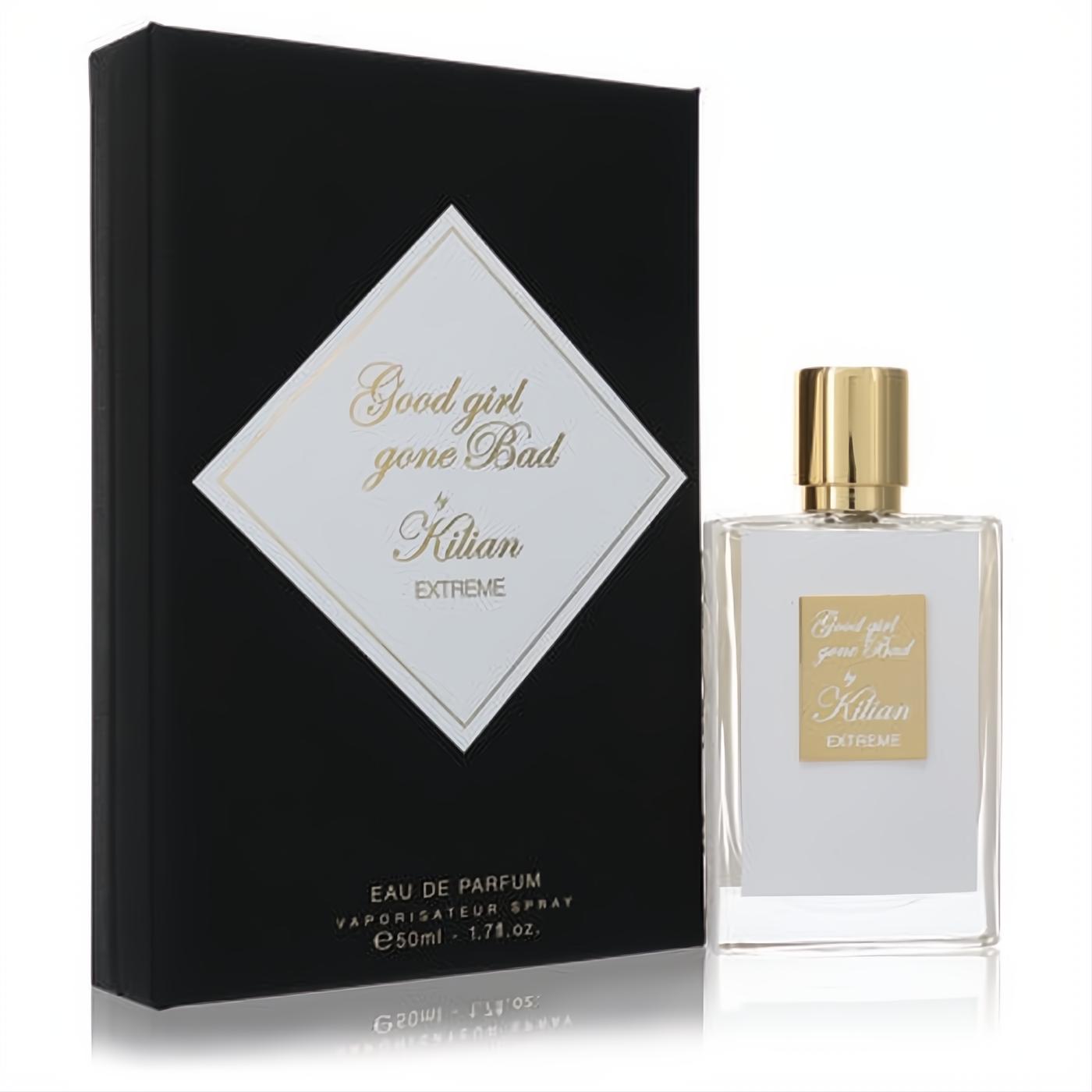 Good Girl Gone Bad Extreme by Kilian 1.7 oz EDP. Elegant clear glass bottle, gold cap, white label, and sleek black box.