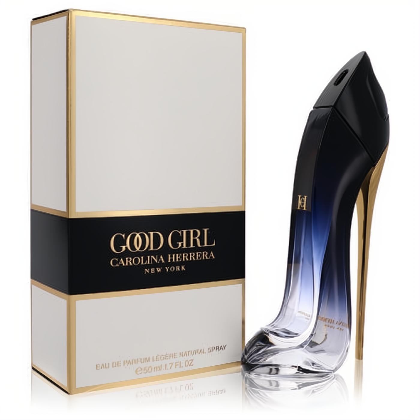 Good Girl Legere perfume: elegant stiletto bottle, black to clear ombre, gold heel, beside white & gold box.
