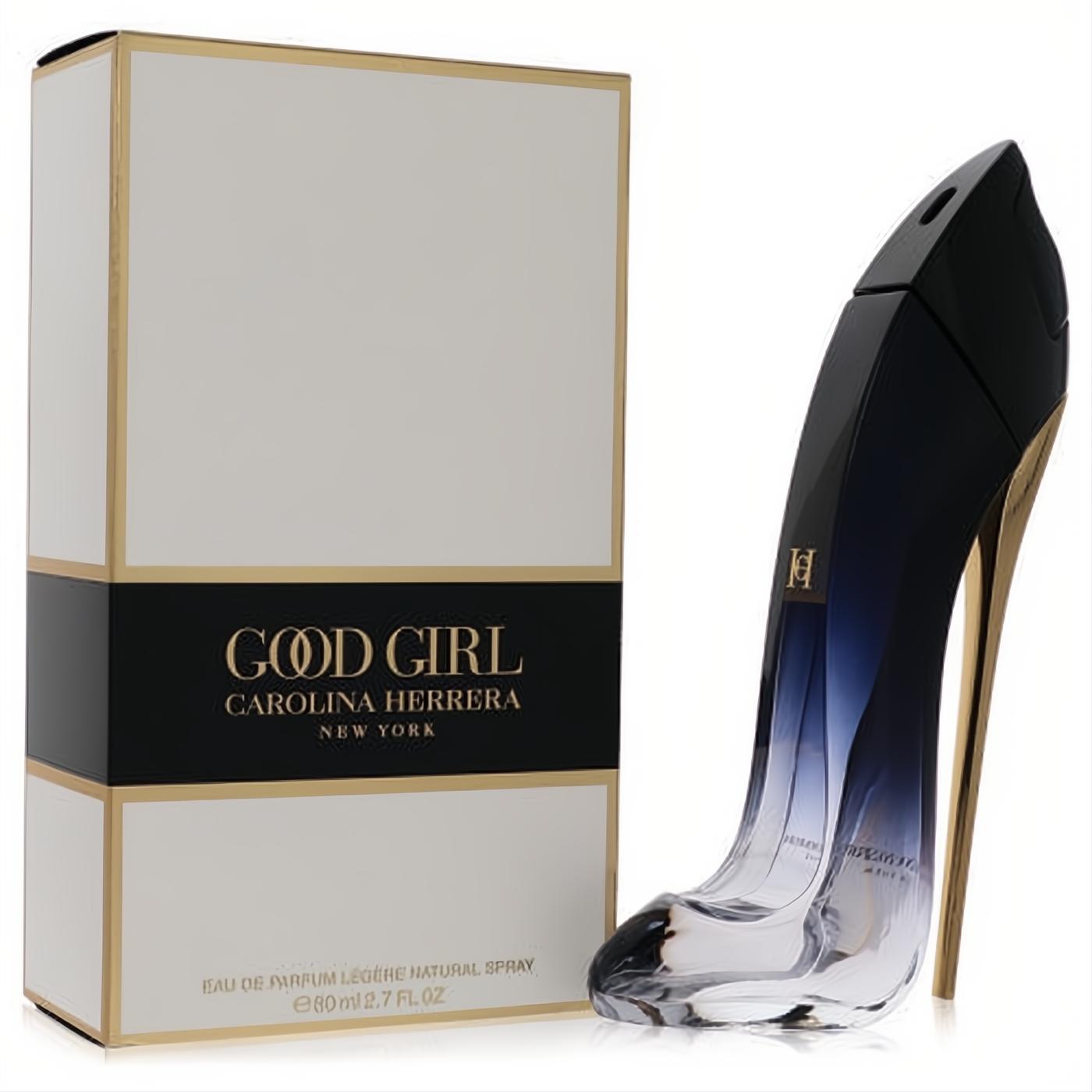 Elegant Carolina Herrera Good Girl Legere 2.7 oz perfume bottle, a unique dark blue and clear high-heel shoe with a golden stiletto.