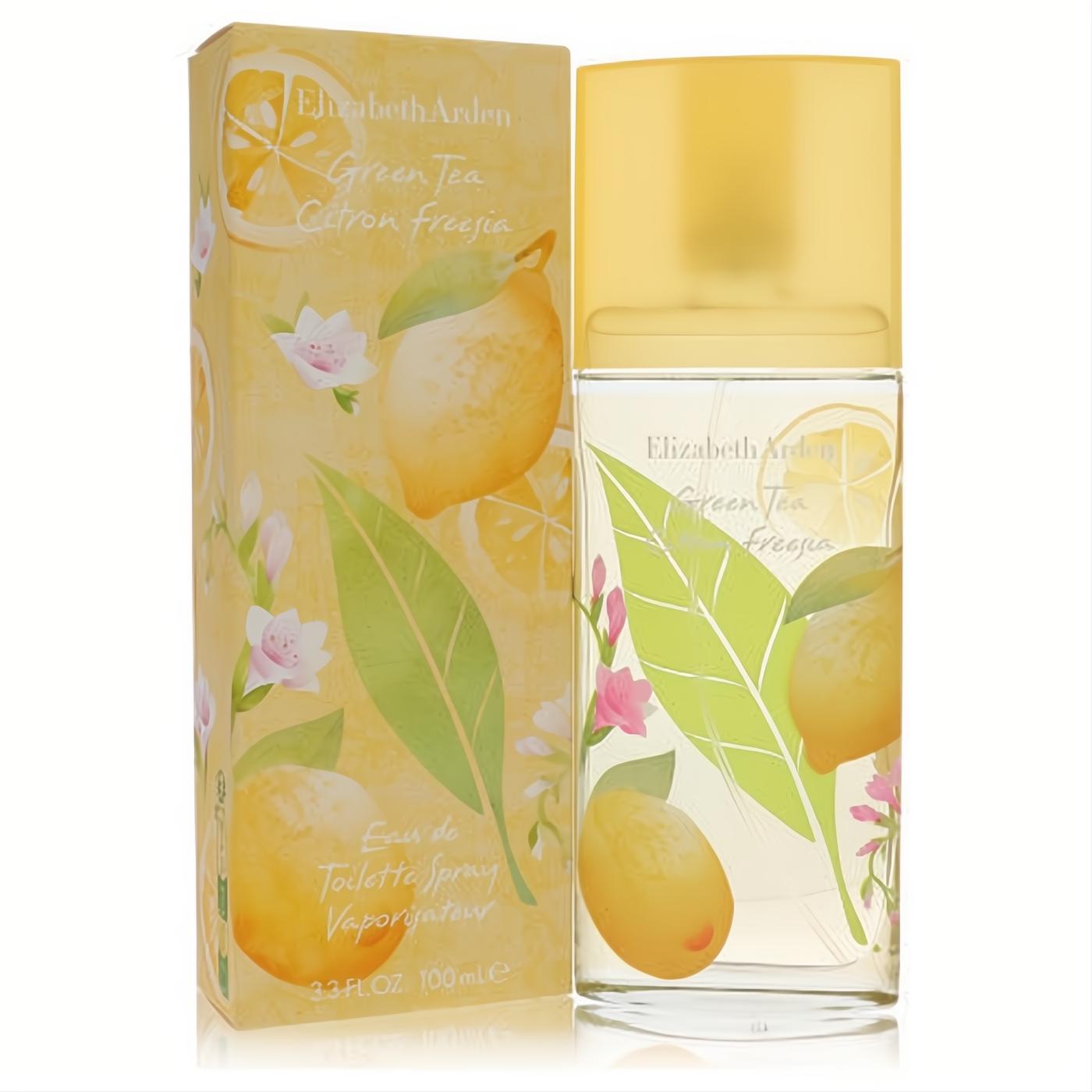 Elizabeth Arden Green Tea Citron Freesia 3.4 oz EDT spray. Clear bottle with vibrant lemon, freesia, green leaves, yellow cap, and matching box.