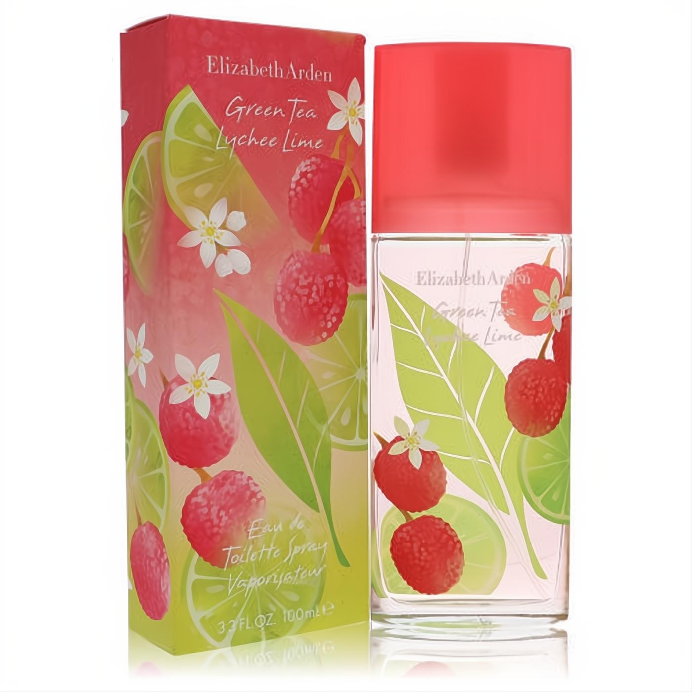 Elizabeth Arden Green Tea Lychee Lime 3.4 oz EDT spray. Clear glass bottle with vibrant lychee, lime, and leaf art, paired with its matching pink box.
