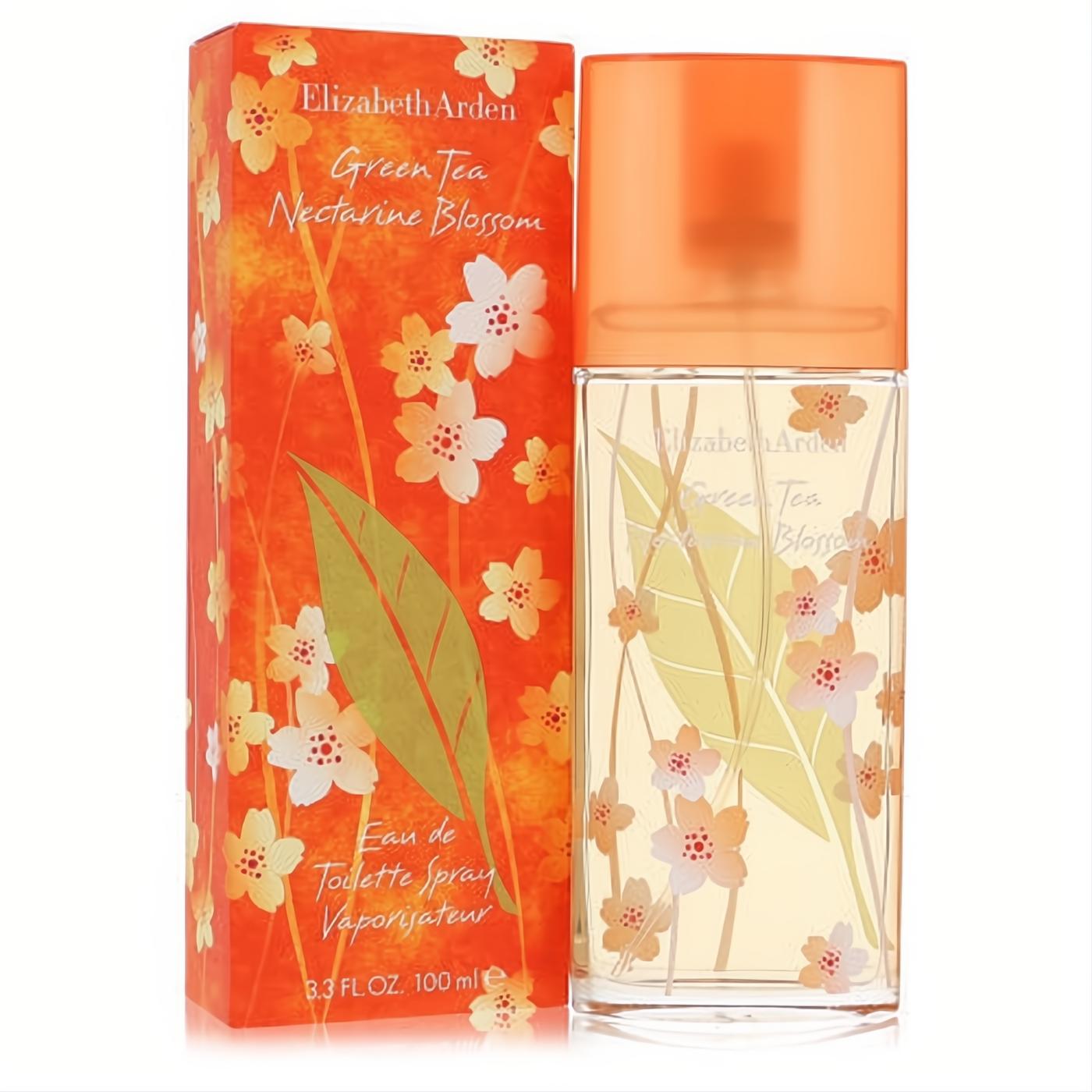 Elizabeth Arden Green Tea Nectarine Blossom EDT 3.3 oz. Clear bottle with delicate floral design, orange cap, and vibrant matching box.