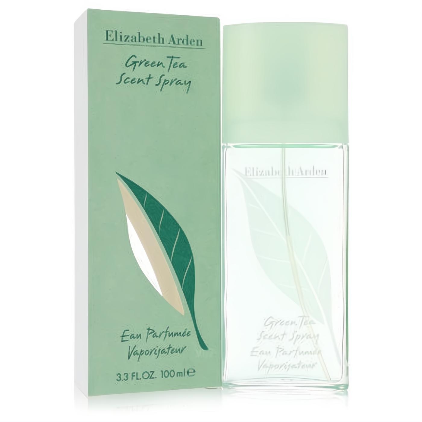 Experience Elizabeth Arden Green Tea 3.3 oz Eau Parfumée Scent Spray. Fresh clear bottle, vibrant green box with elegant tea leaf design.