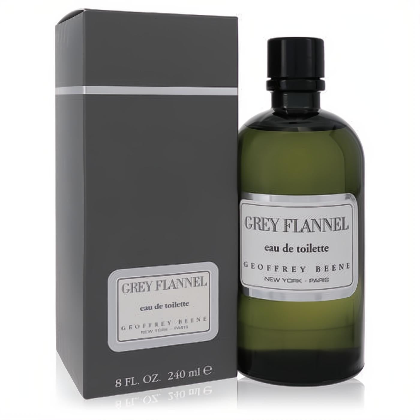 Discover Grey Flannel by Geoffrey Beene 8 oz EDT. Iconic olive green bottle with black cap and stylish grey box.