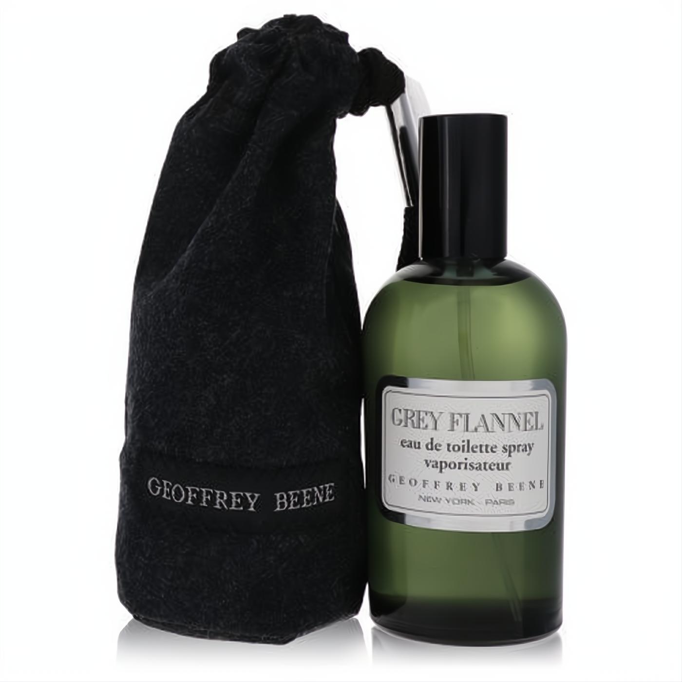 Sophisticated Grey Flannel 4 oz eau de toilette in a sleek green glass spray bottle, presented with its signature dark grey flannel pouch.