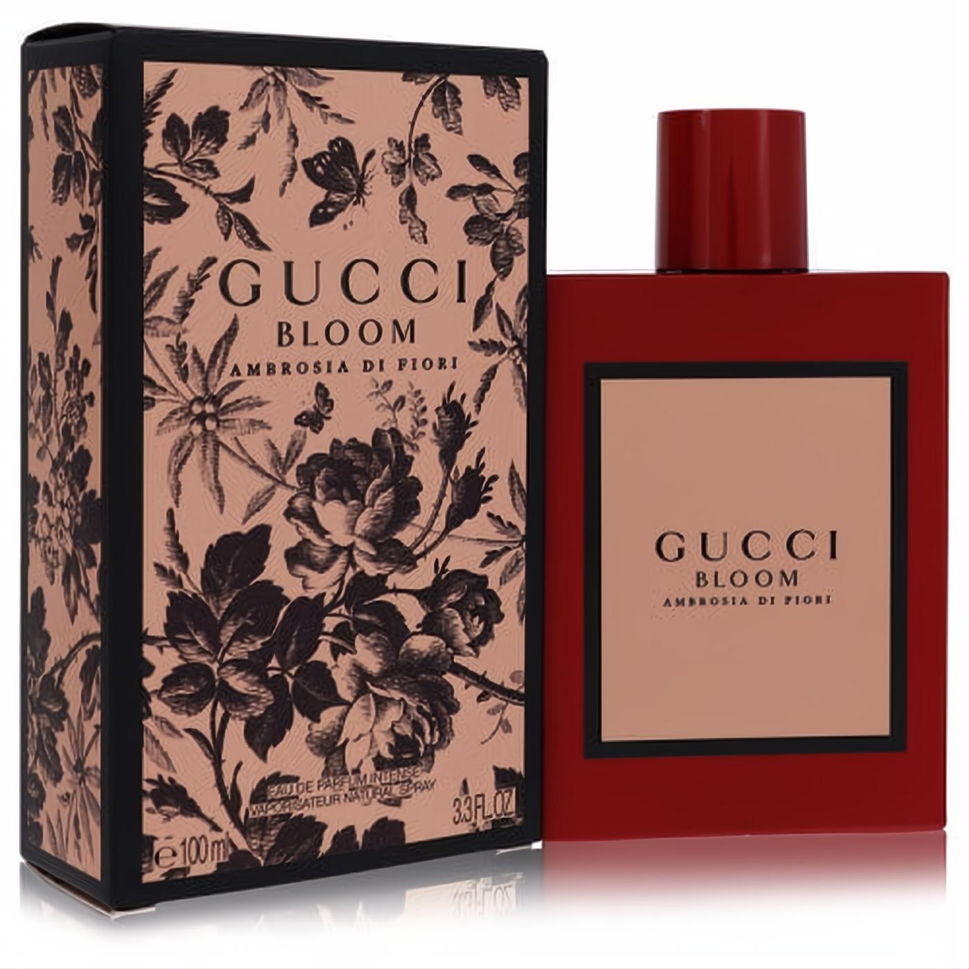 Gucci Bloom Ambrosia Di Fiori 3.3 oz intense perfume. Vibrant red glass bottle with peach label, next to its elegant black floral box.