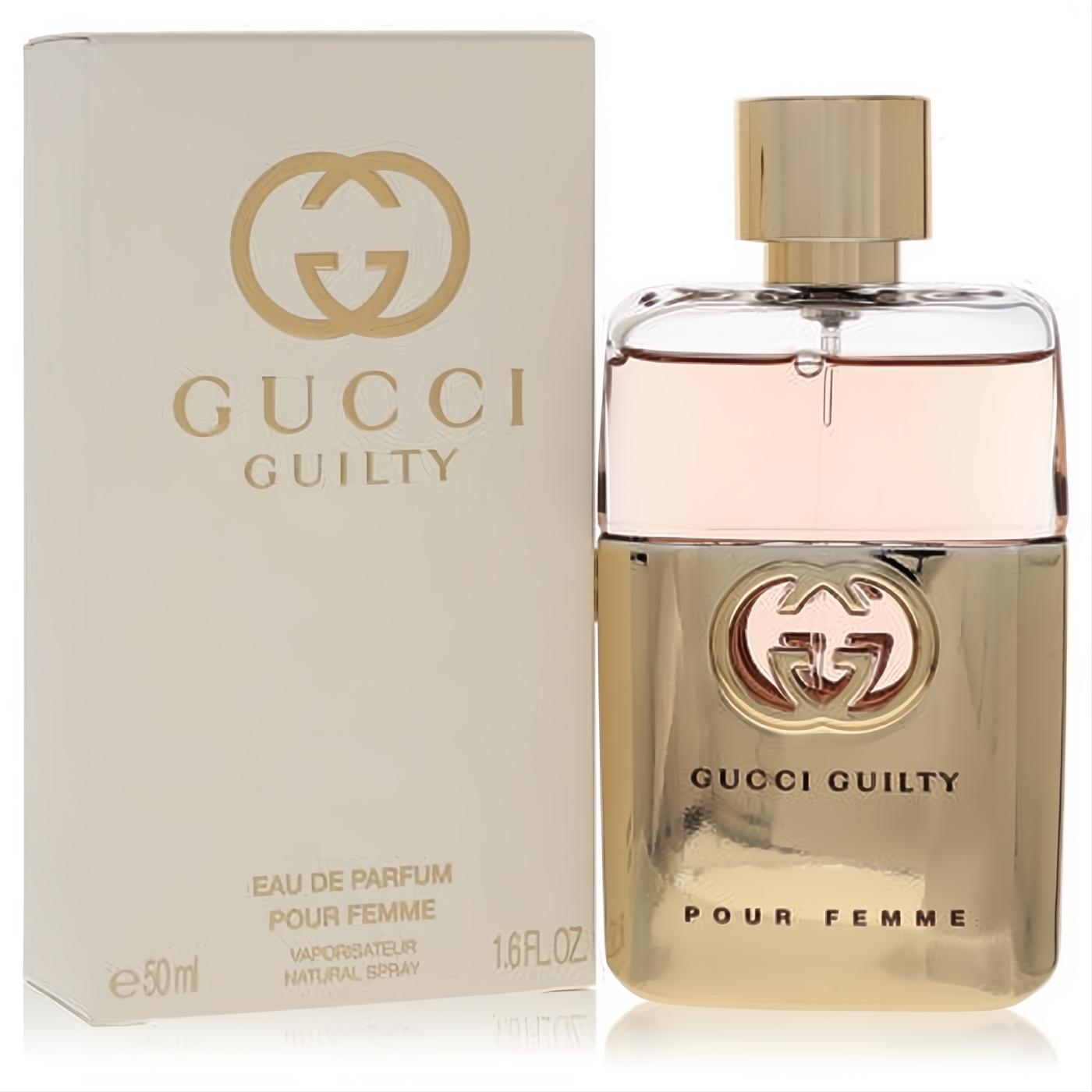 Gucci Guilty Pour Femme 1.6 oz EDP spray: elegant gold bottle with clear top, pink liquid, and iconic GG logo, beside its cream box.