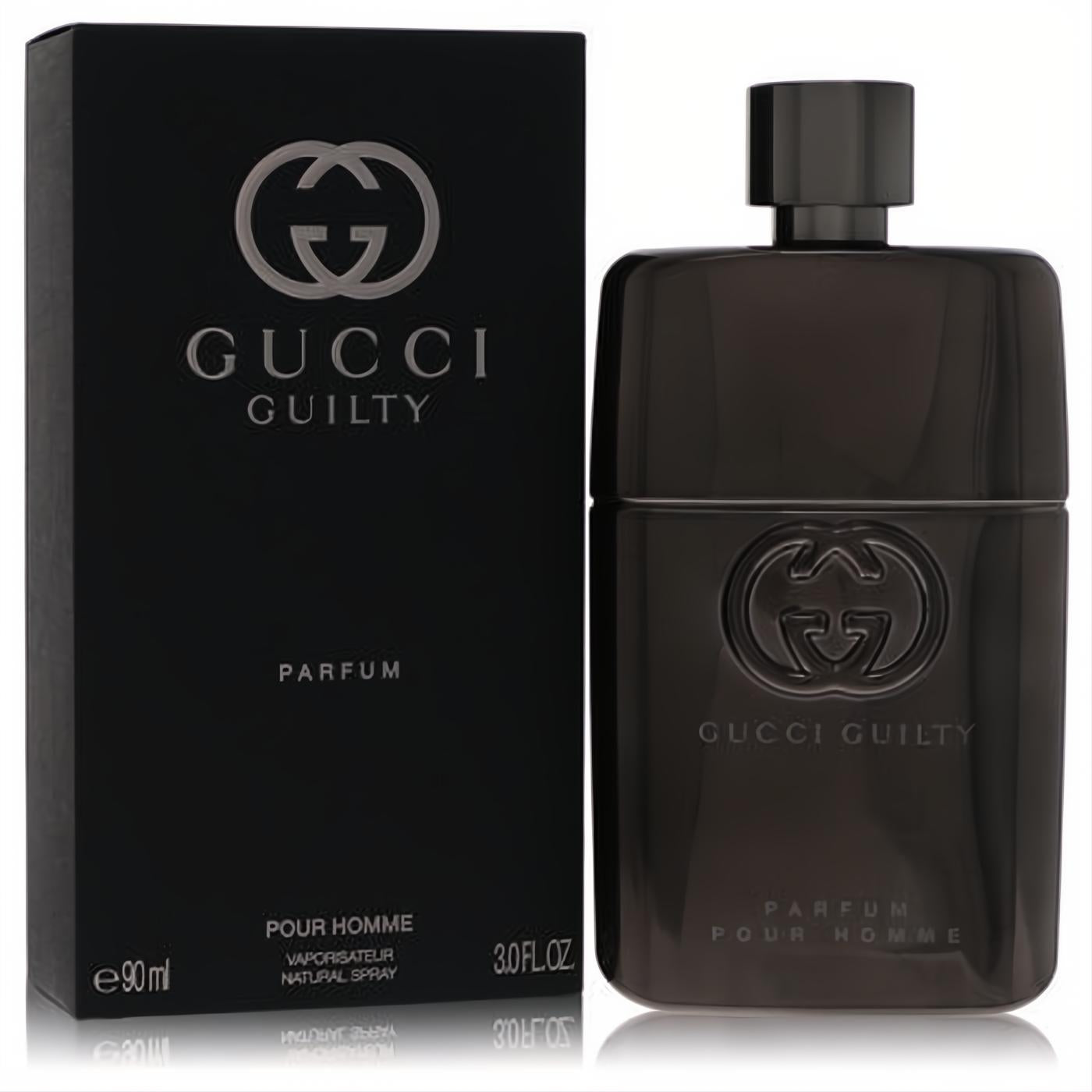 Elegant Gucci Guilty Pour Homme 3 oz Parfum spray. Sleek black bottle with embossed logo and matching luxury box.