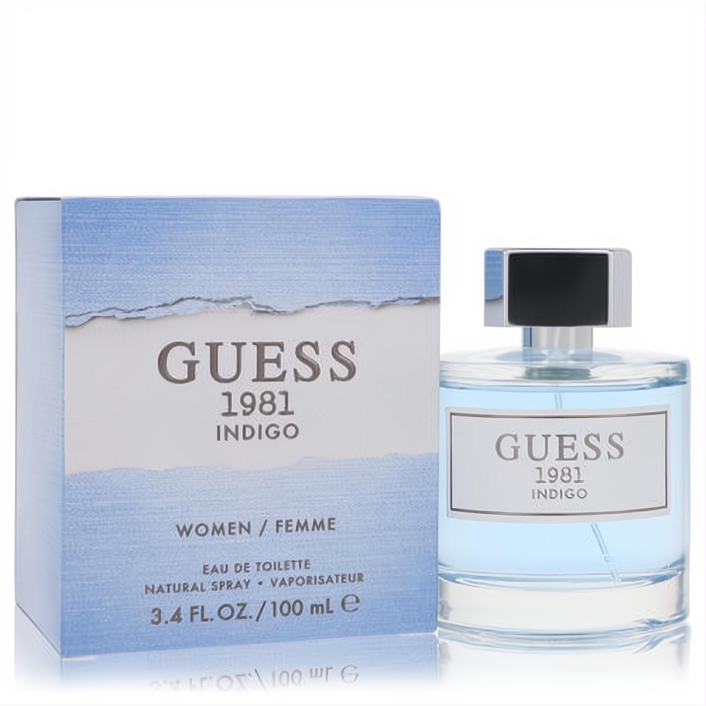 Guess 1981 Indigo women's 3.4 oz EDT. Elegant clear bottle with light blue fragrance, paired with a stylish distressed blue box.
