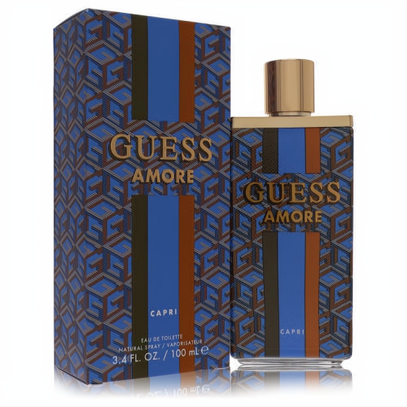 Elevate your scent with Guess Amore Capri 3.4 oz unisex EDT. Bold blue, brown, gold striped bottle & geometric box.