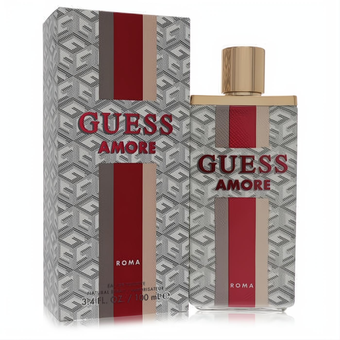 Guess Amore Roma unisex 3.4 oz EDT. Bold clear bottle with red, beige stripes, gold cap, and iconic G-patterned box.