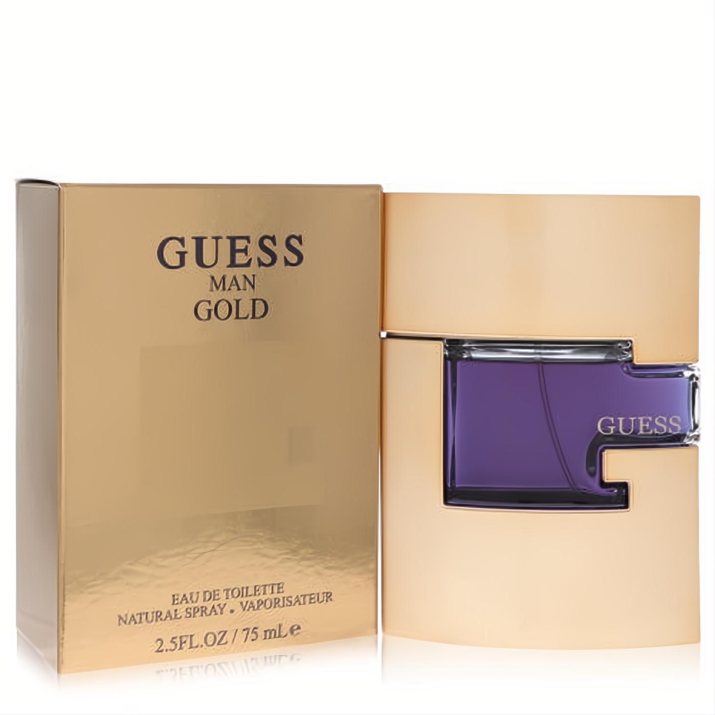 Guess Gold by Guess Man 2.5 oz EDT. Elegant gold box reveals a sleek bottle with captivating purple fragrance.