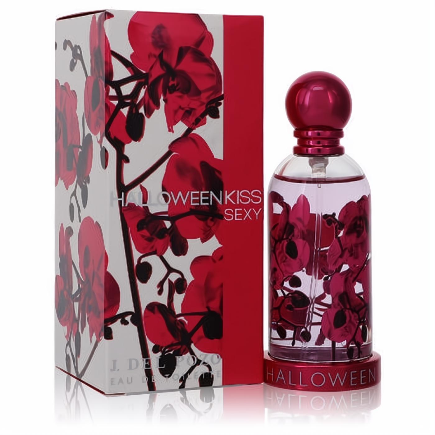 Halloween Kiss Sexy 1.7 oz EDT spray. Clear bottle with bold red floral design, glossy pink cap, and matching decorative box.