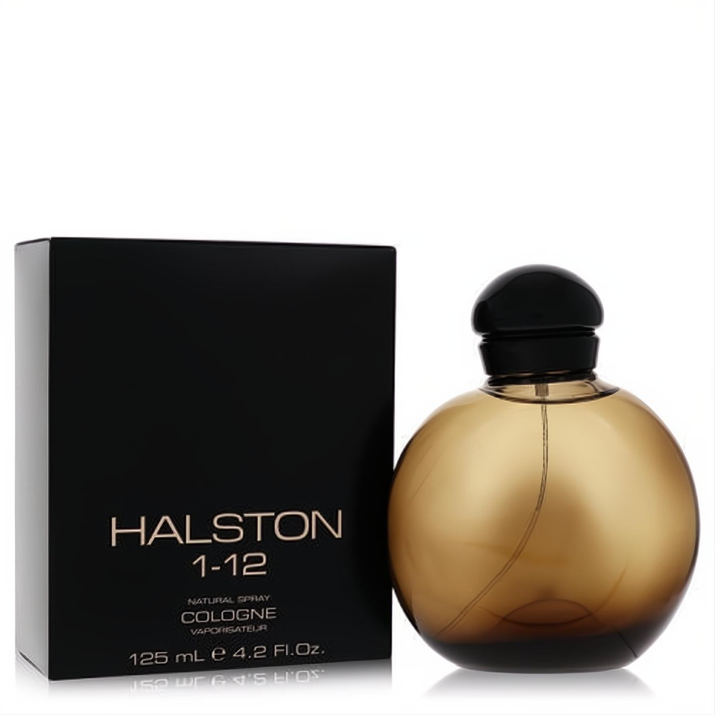 Halston 1-12 cologne 4.2 oz: Elegant amber glass bottle with black cap, presented with its sleek black display box.