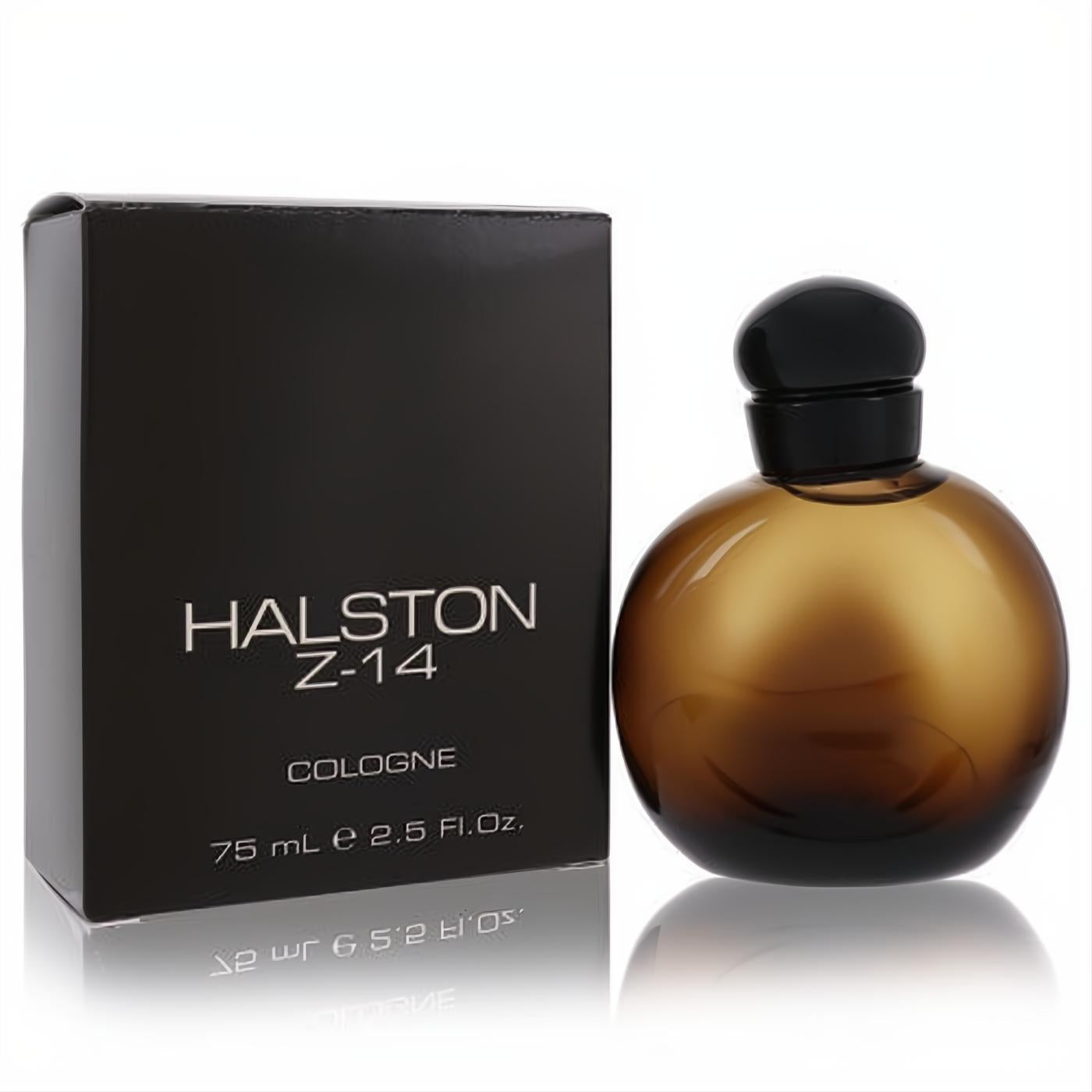 Iconic Halston Z-14 men's cologne, 2.5 oz. Elegant amber bottle, black cap, and matching black branded box.