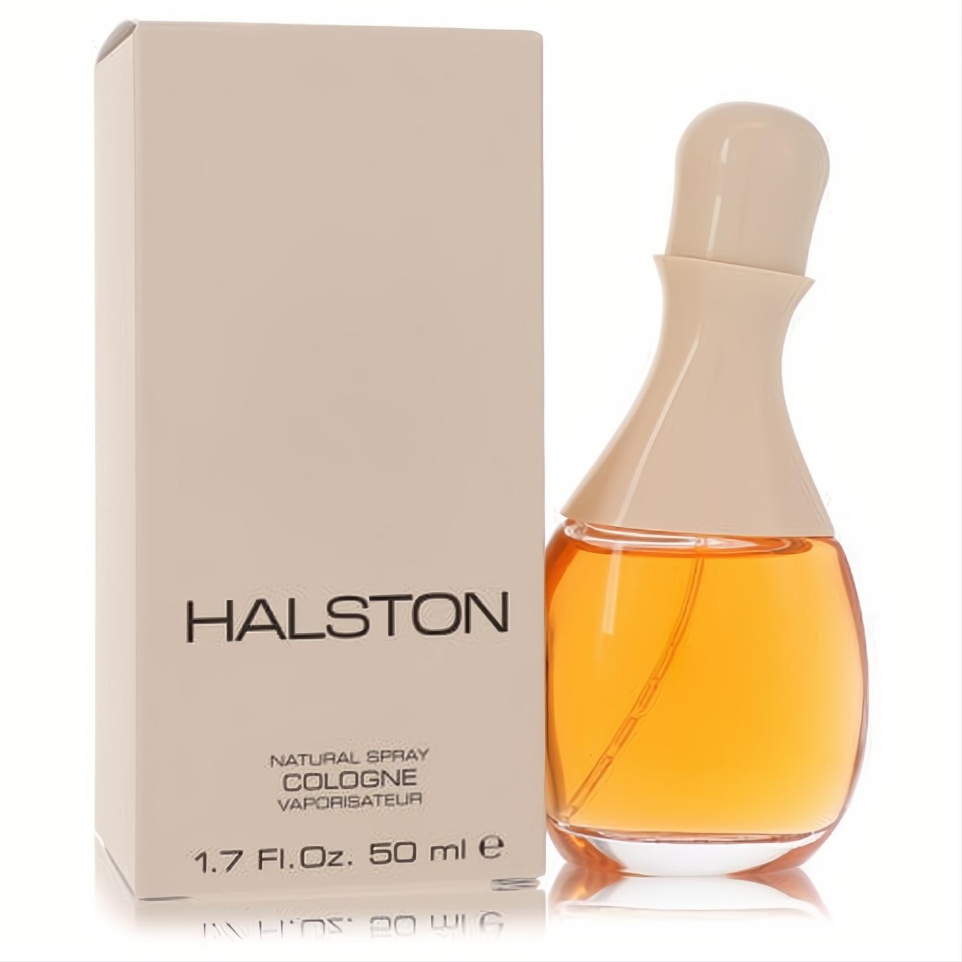 Halston 1.7 oz women's cologne spray in a unique amber liquid glass bottle with a sleek beige cap and matching box.