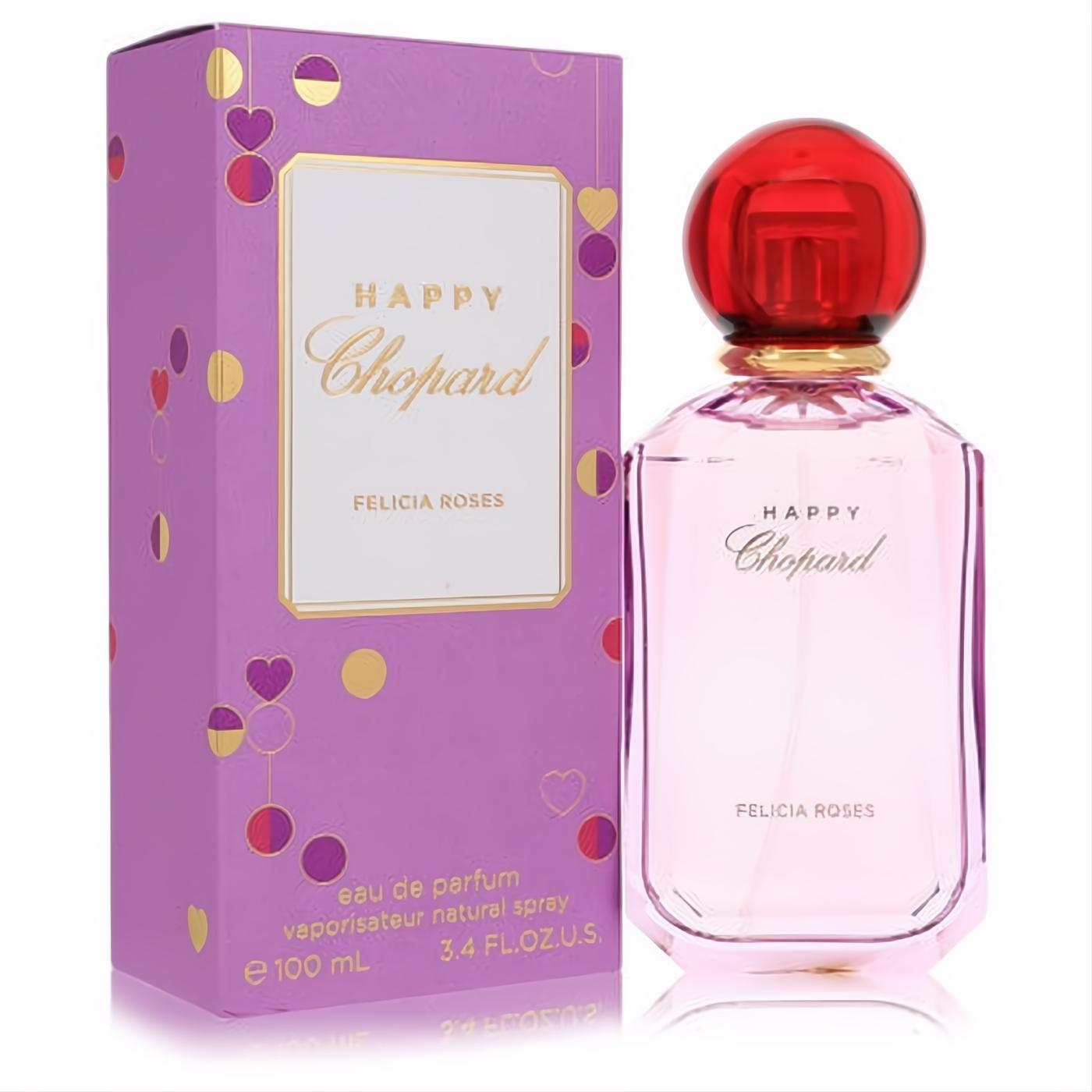 Happy Chopard Felicia Roses 3.4 oz EDP. Elegant clear bottle with light pink fragrance, bold red cap, and festive purple box.