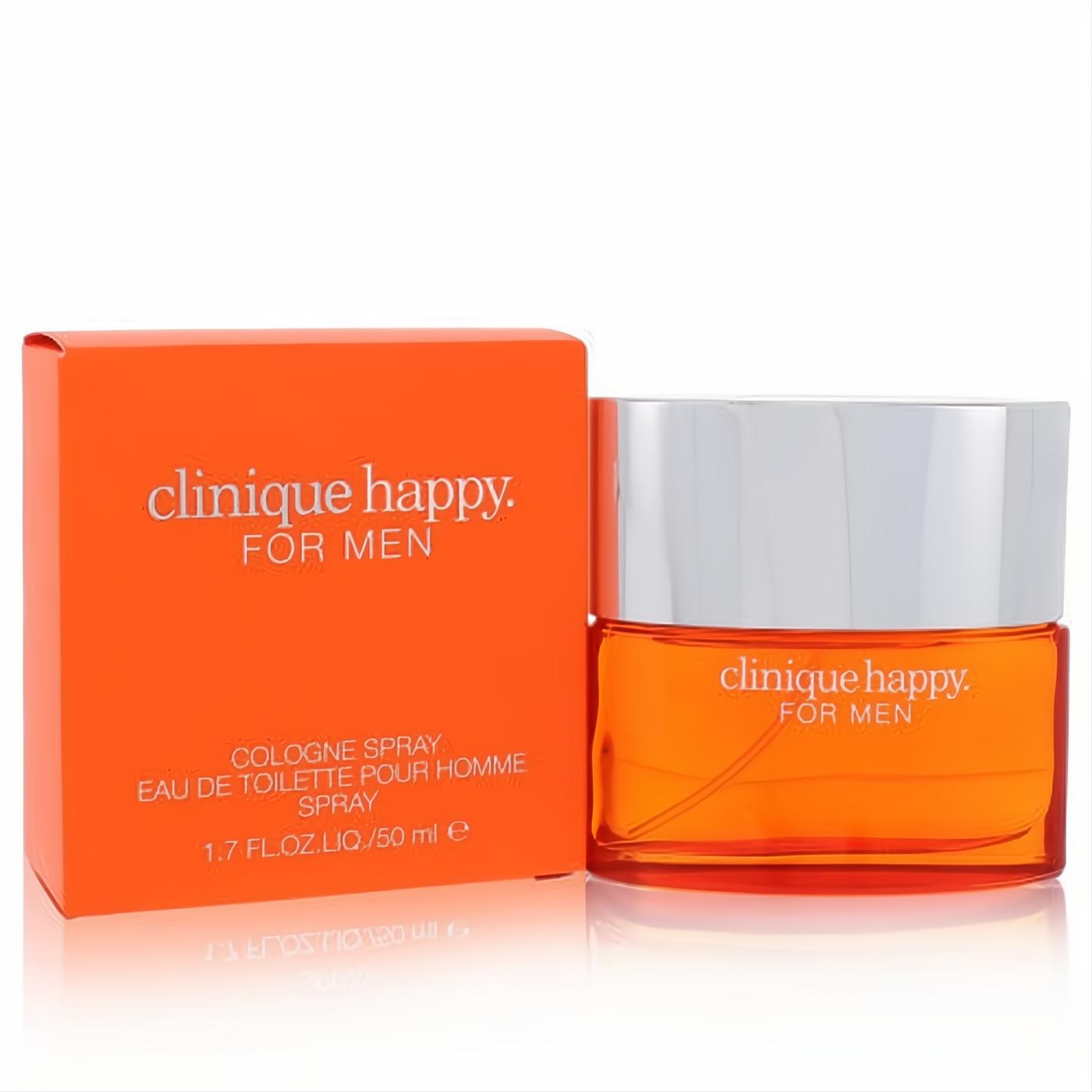 Vibrant Clinique Happy For Men 1.7 oz cologne spray. Bright orange glass bottle with sleek silver cap, next to its matching box.