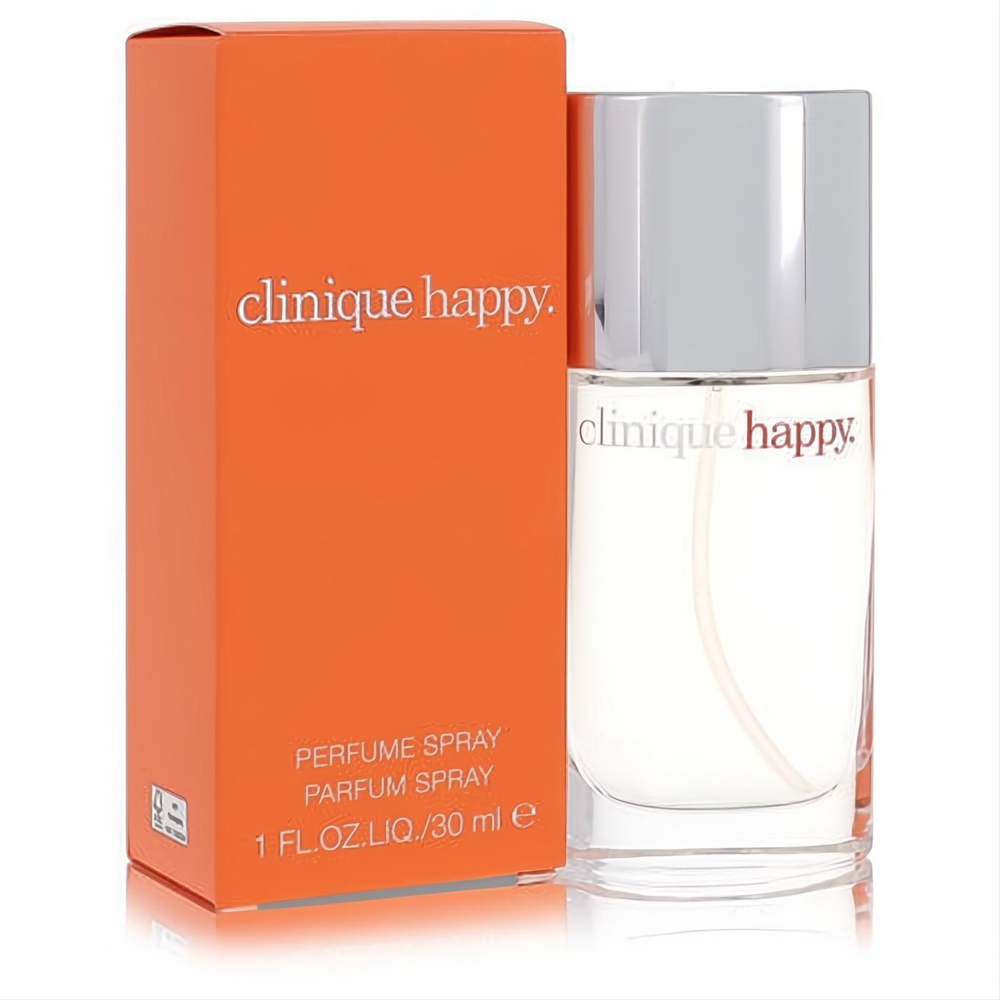 Radiant Clinique Happy 1 oz Eau de Parfum spray. Clear glass bottle with silver cap, vibrant orange box.