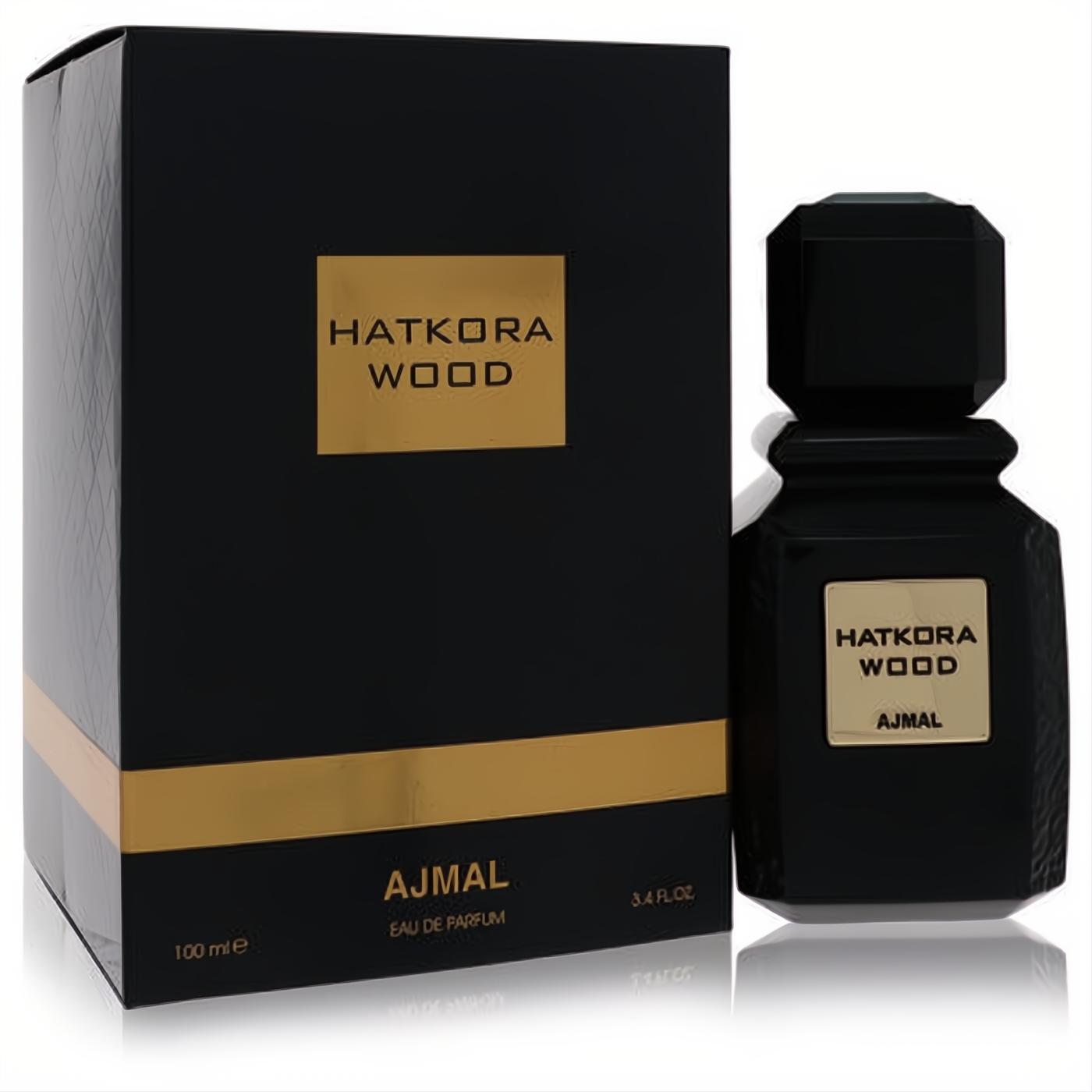 Luxurious Ajmal Hatkora Wood 3.4 oz unisex EDP in a sophisticated black glass bottle with gold accents and elegant matching box.