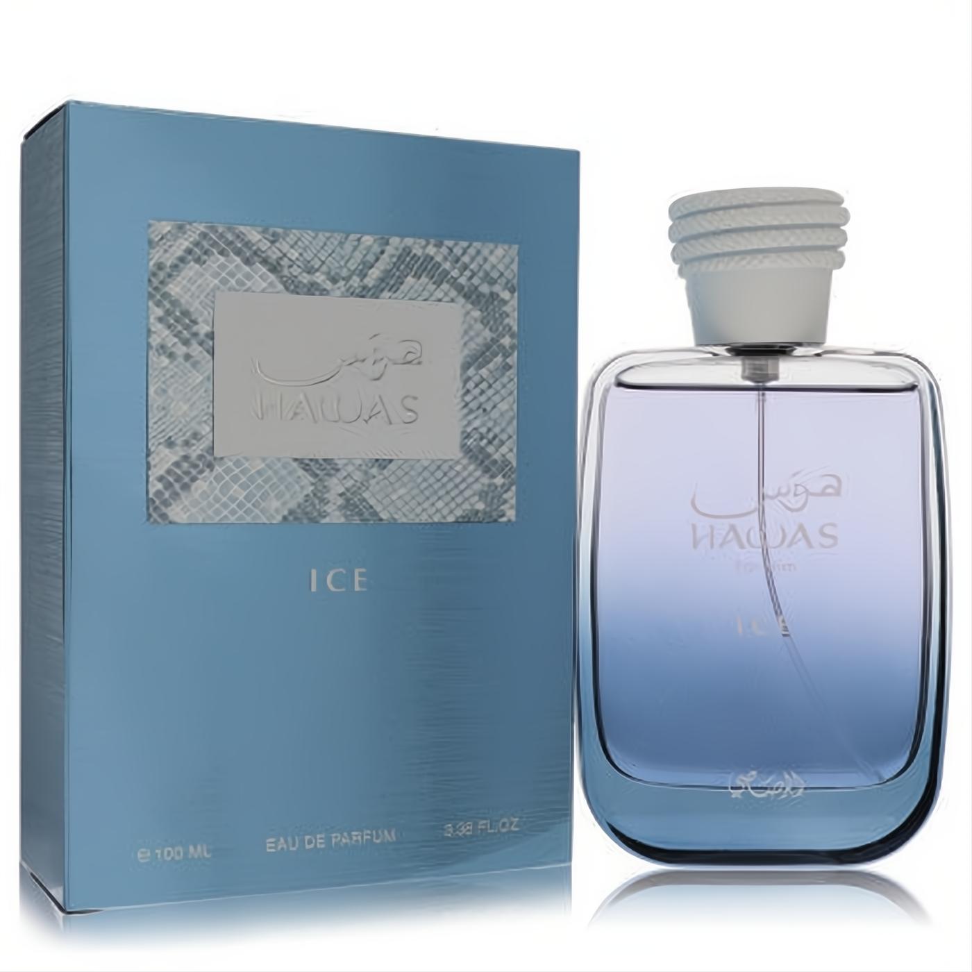 Hawas Ice by Rasasi 3.3 oz EDP. Sleek clear bottle with cool blue liquid, ribbed white cap, and matching textured blue box.