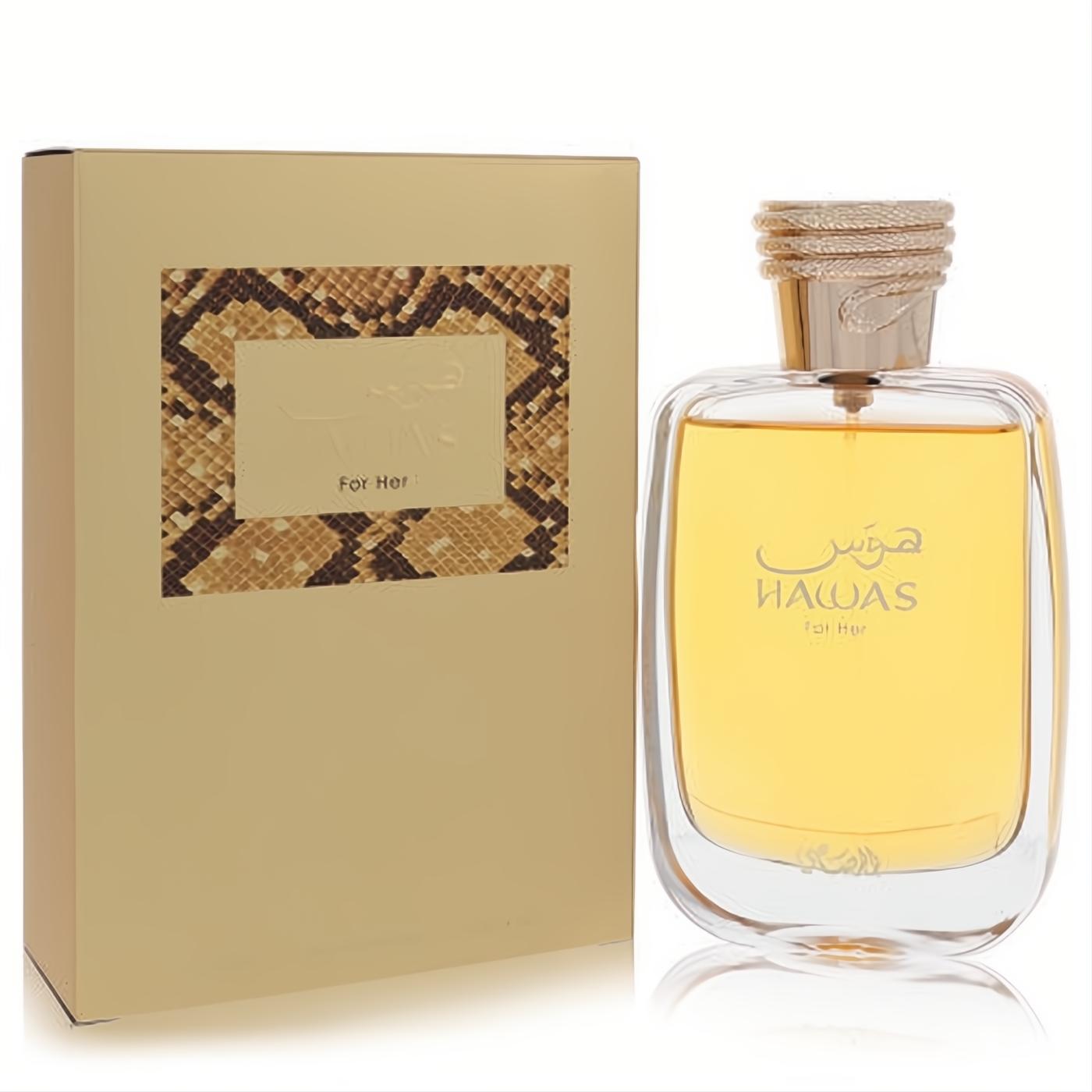 Hawas by Rasasi 3.33 oz women's perfume: elegant clear bottle with golden liquid, ornate gold cap, and luxurious snakeskin box.