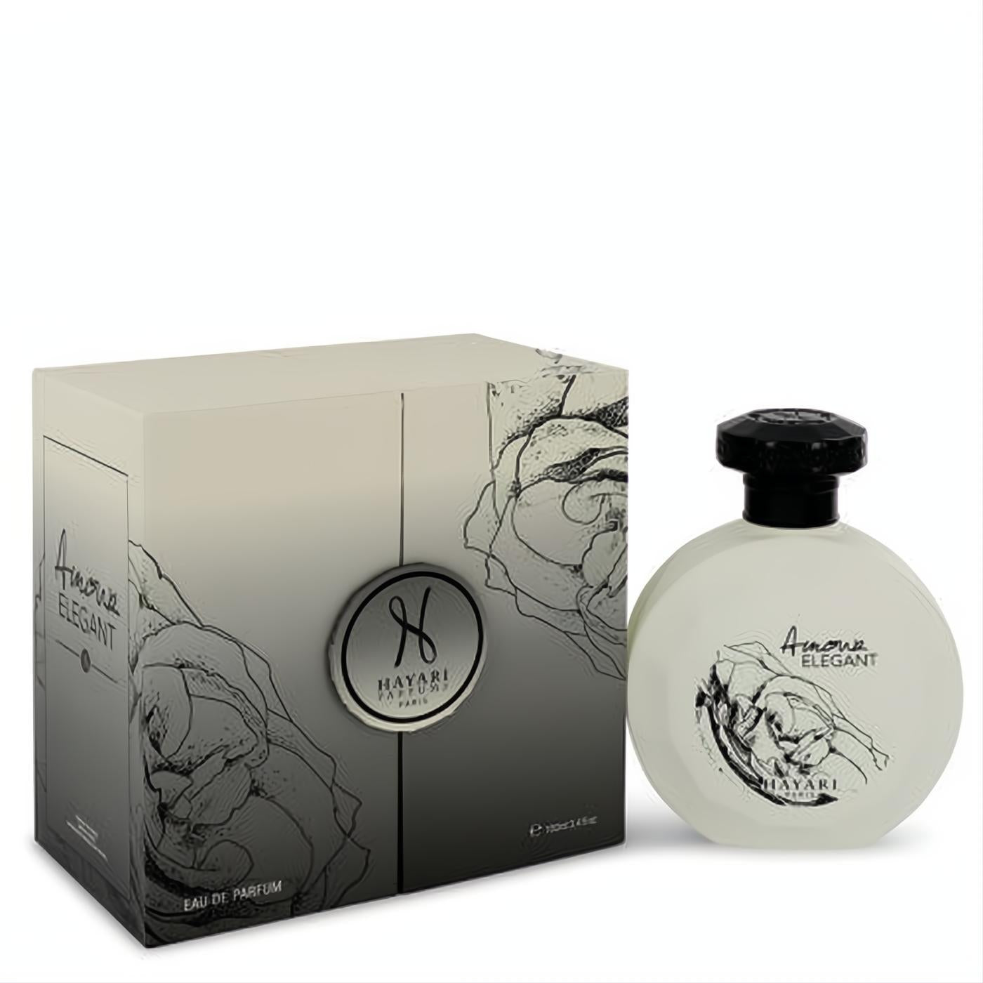 Sophisticated Hayari Amour Elegant 3.4 oz unisex EDP. Cream round bottle, black cap, elegant rose art, and matching gradient box.