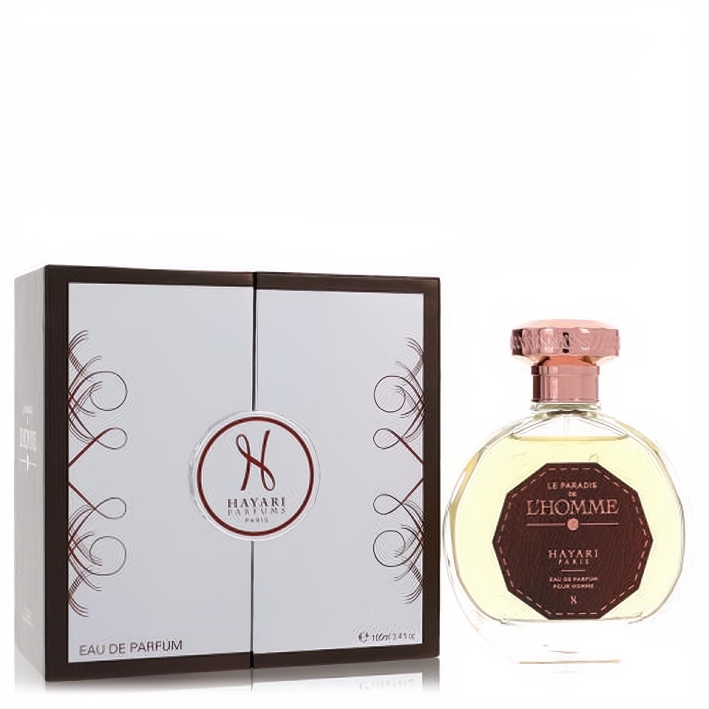 Elegant Hayari Le Paradis De L'homme 3.4 oz men's cologne: clear glass bottle, rose gold cap, and sophisticated white & brown gift box.