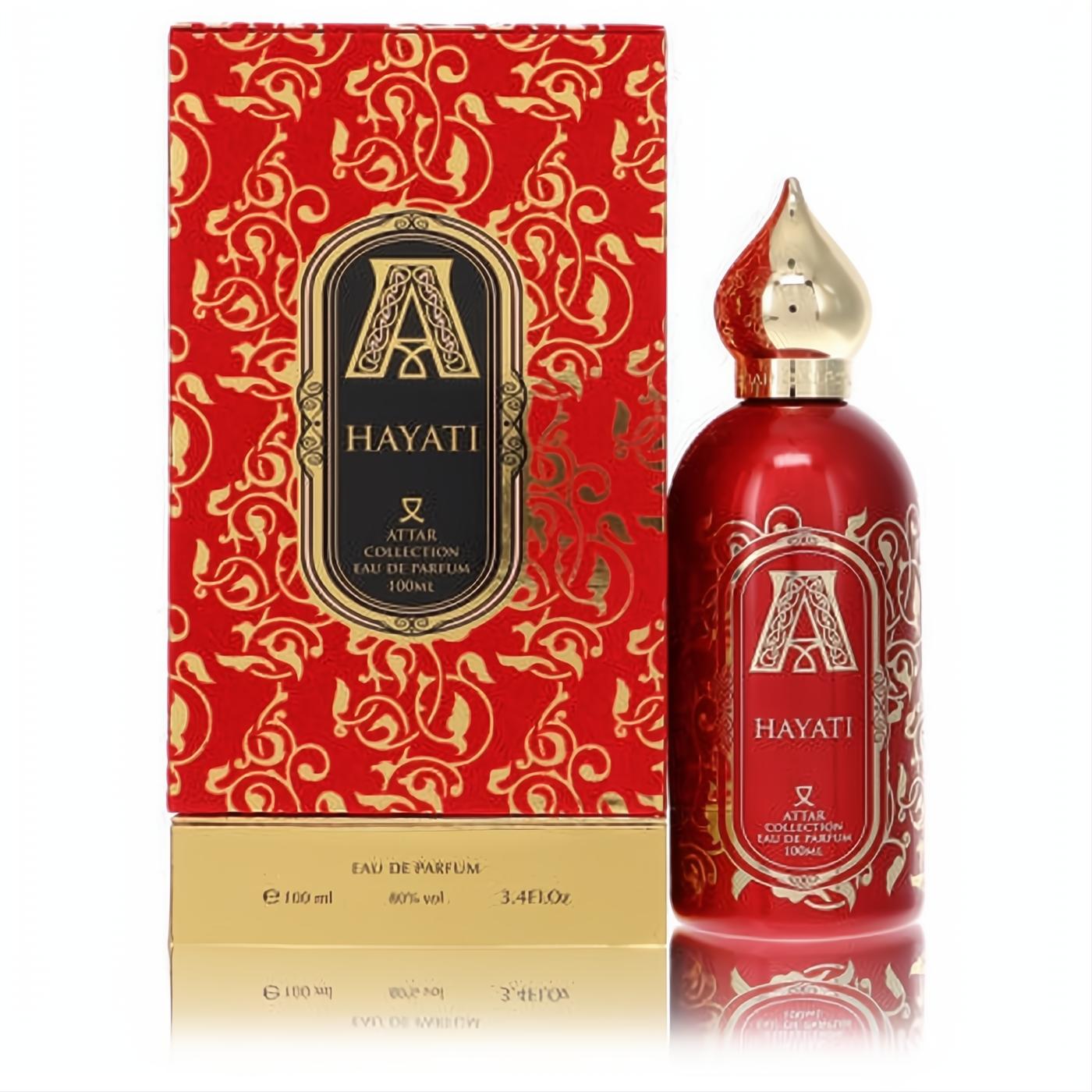 Attar Collection Hayati 3.4 oz unisex EDP: stunning red bottle with intricate gold arabesque design and matching luxury packaging.