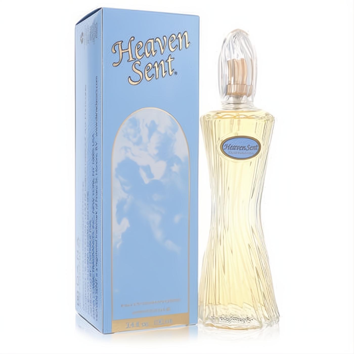 Heaven Sent by Dana 3.4 oz Eau De Parfum. Exquisite fluted glass bottle with golden fragrance and classic light blue box featuring angelic design.