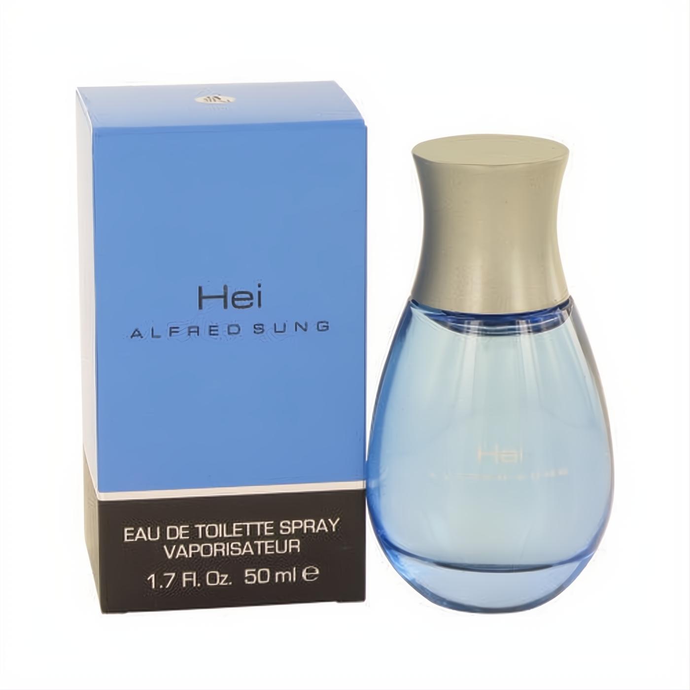 Hei by Alfred Sung 1.7 oz EDT. Refreshing blue curved glass bottle with sleek silver cap and coordinating blue & black box.