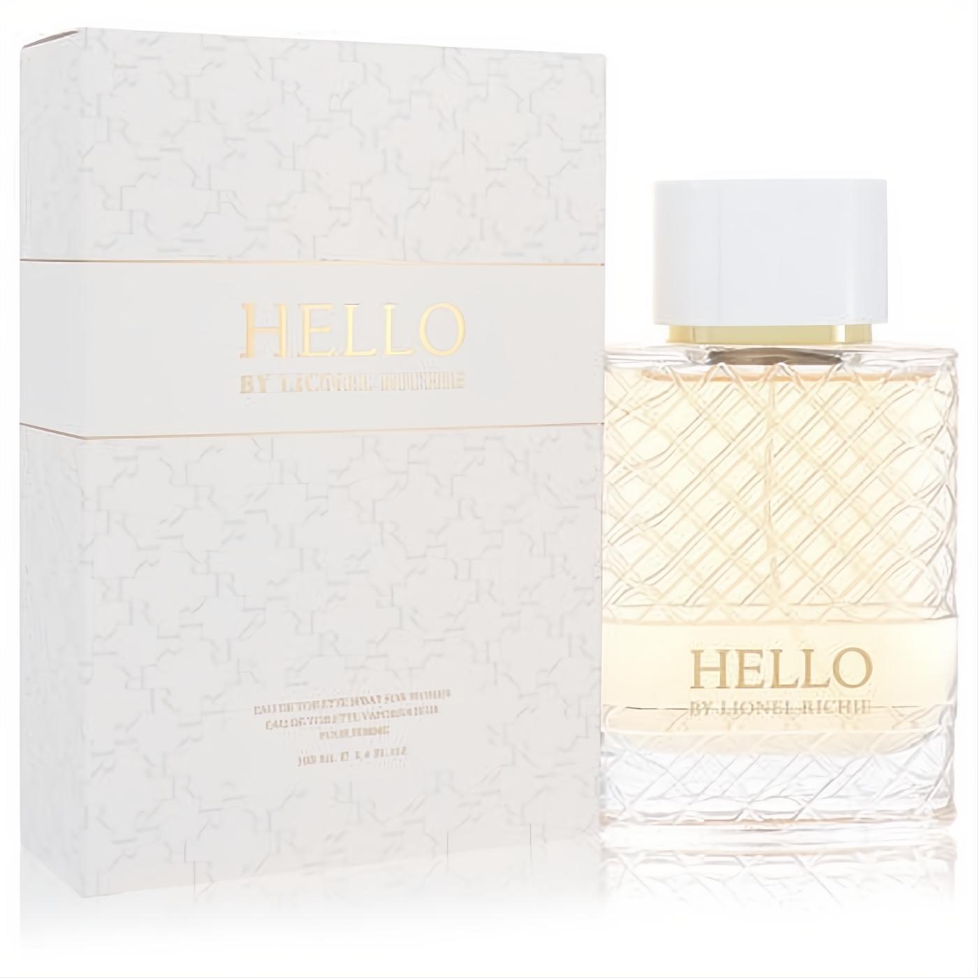 Hello By Lionel Richie 3.4 oz EDT. Luxurious clear glass bottle with quilted texture, gold band, white cap, and matching white box.