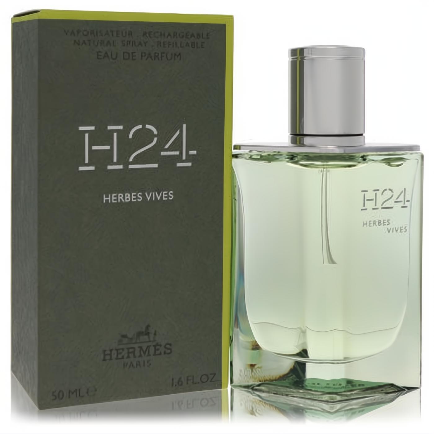Hermes H24 Herbes Vives 1.7 oz EDP. Elegant refillable spray bottle with fresh green fragrance, silver cap, and matching matte olive box.