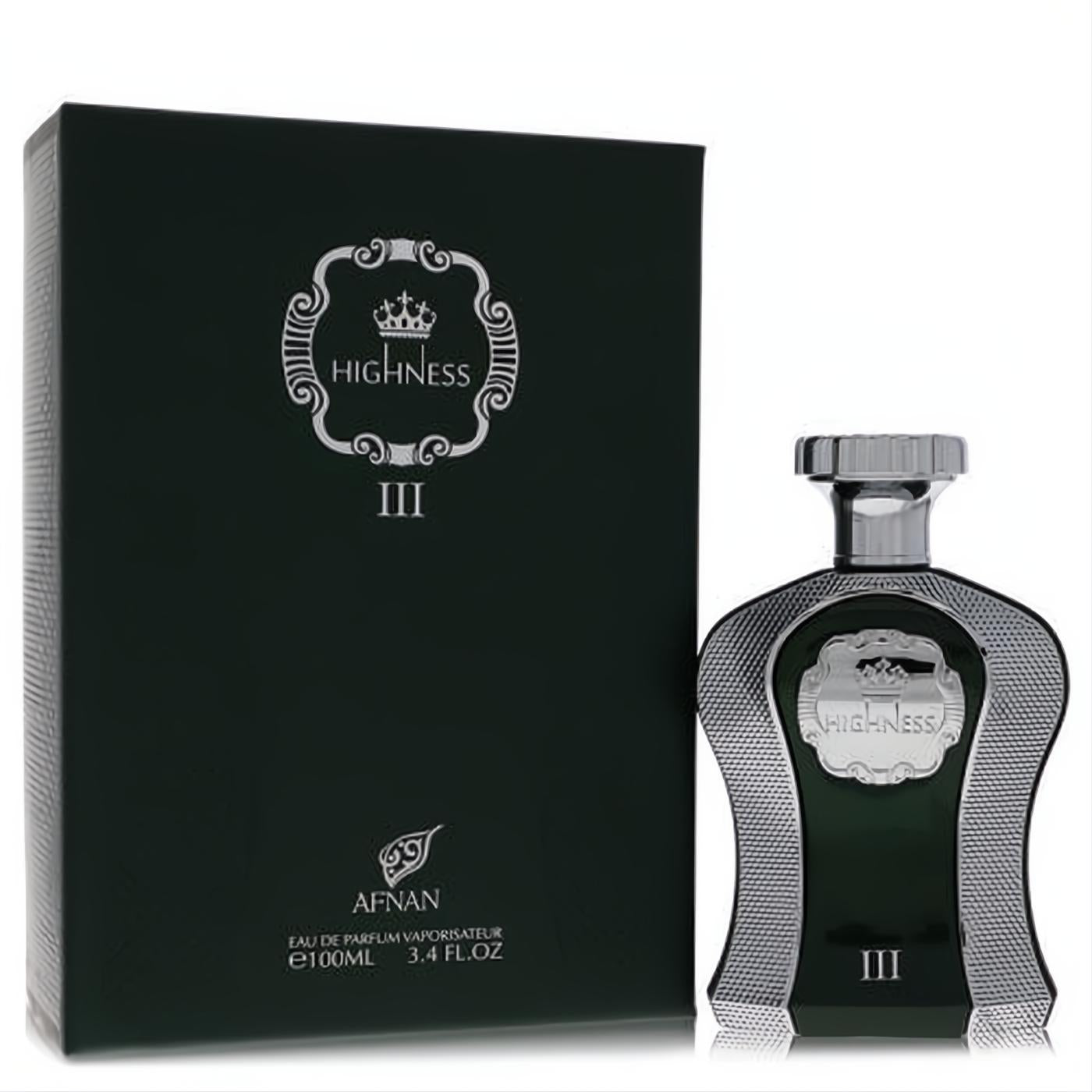 Afnan His Highness Green 3.4 oz unisex EDP. Regal dark green bottle with ornate silver crown, textured trim, and matching black box.