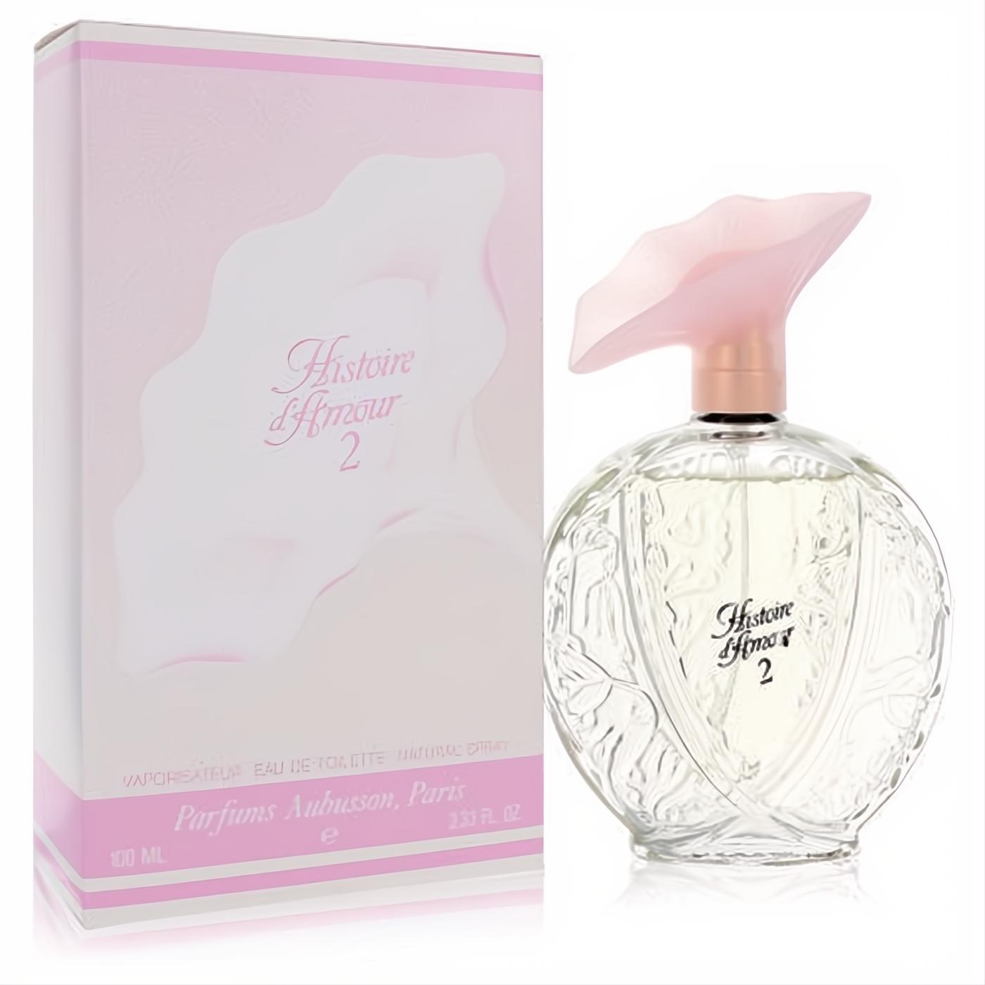 Histoire D'Amour 2 Aubusson 3.33 oz Eau De Toilette. Clear embossed bottle, delicate pink floral cap, and elegant matching box.