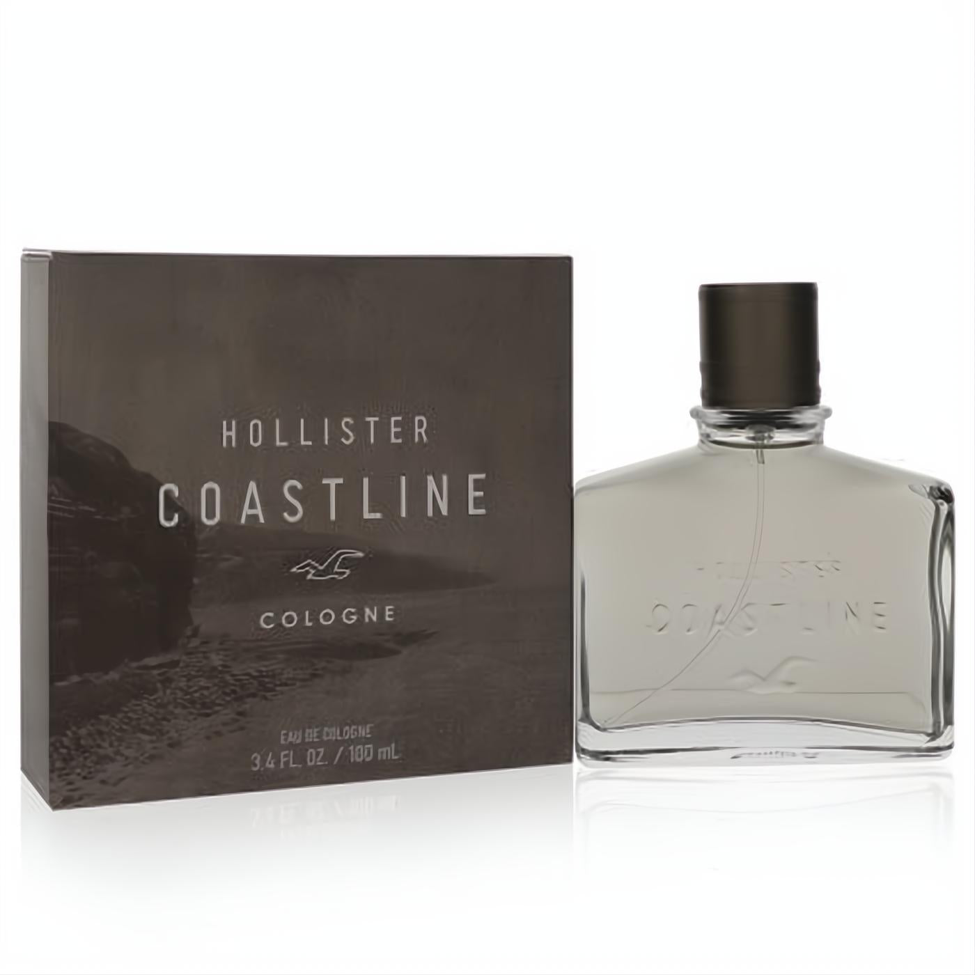 Hollister Coastline men's 3.4 oz cologne. Clear glass bottle with dark cap, next to its matching dark, scenic box.