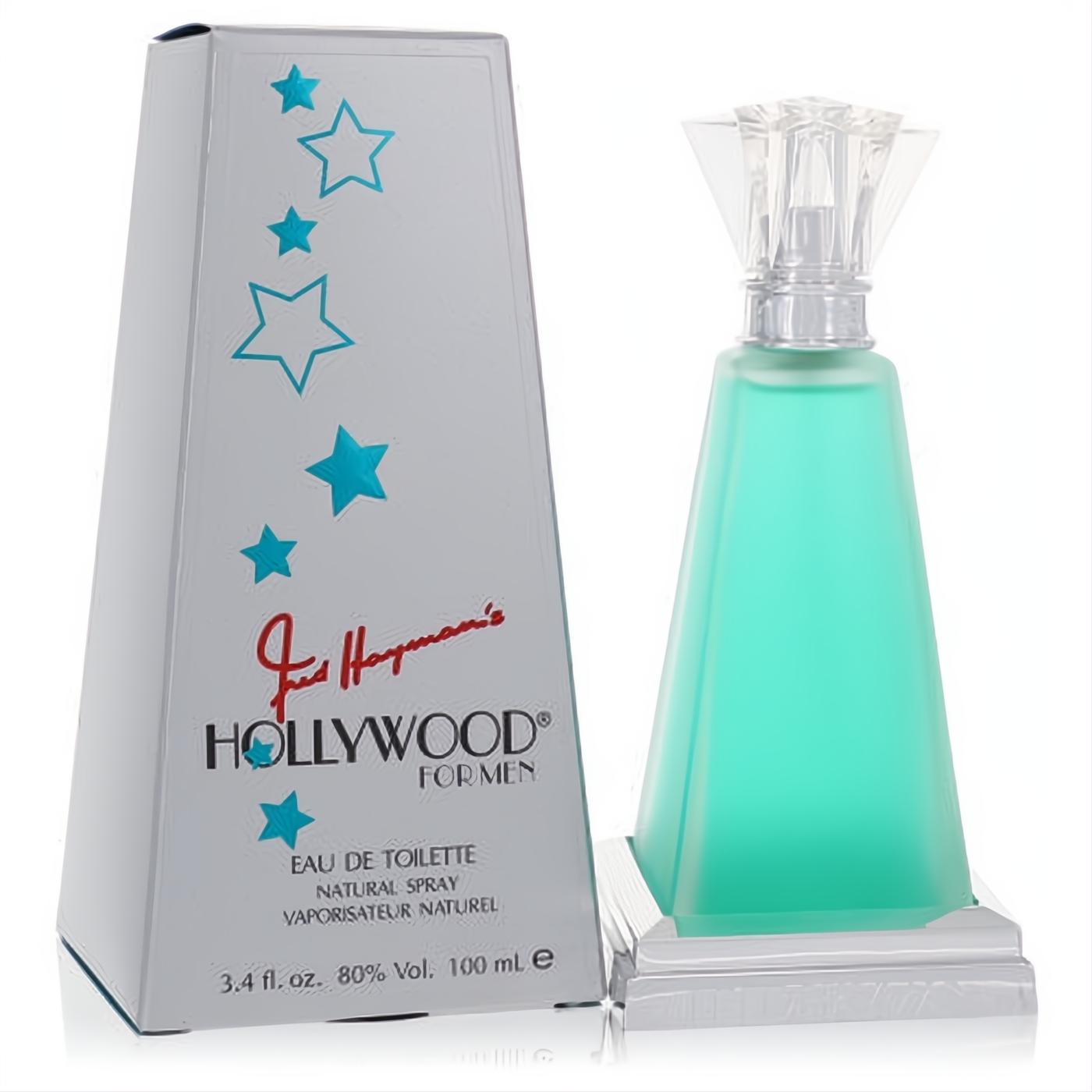 Hollywood for Men 3.4 oz EDT. Sleek frosted aqua bottle with clear faceted cap and elegant silver base, beside its star-studded box.