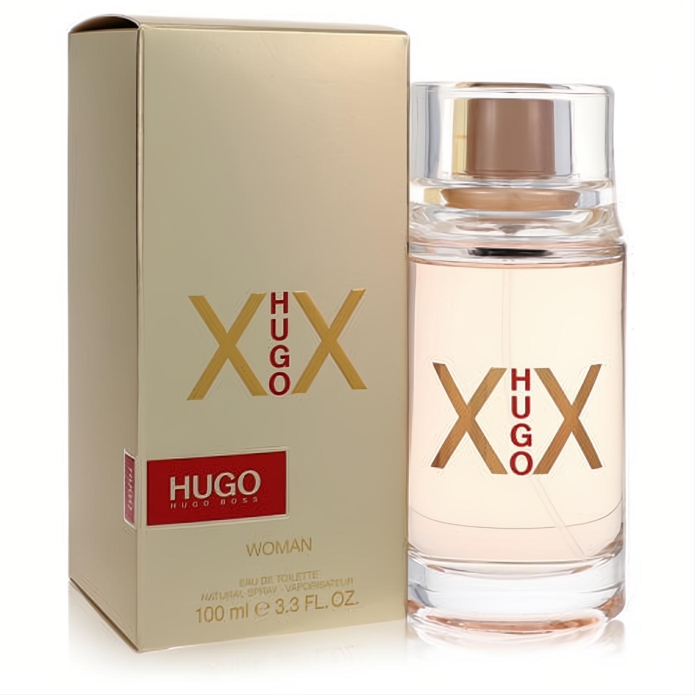 Hugo XX by Hugo Boss women's 3.3 oz EDT. Clear bottle with rose gold cap, iconic XX logo, and elegant gold box.