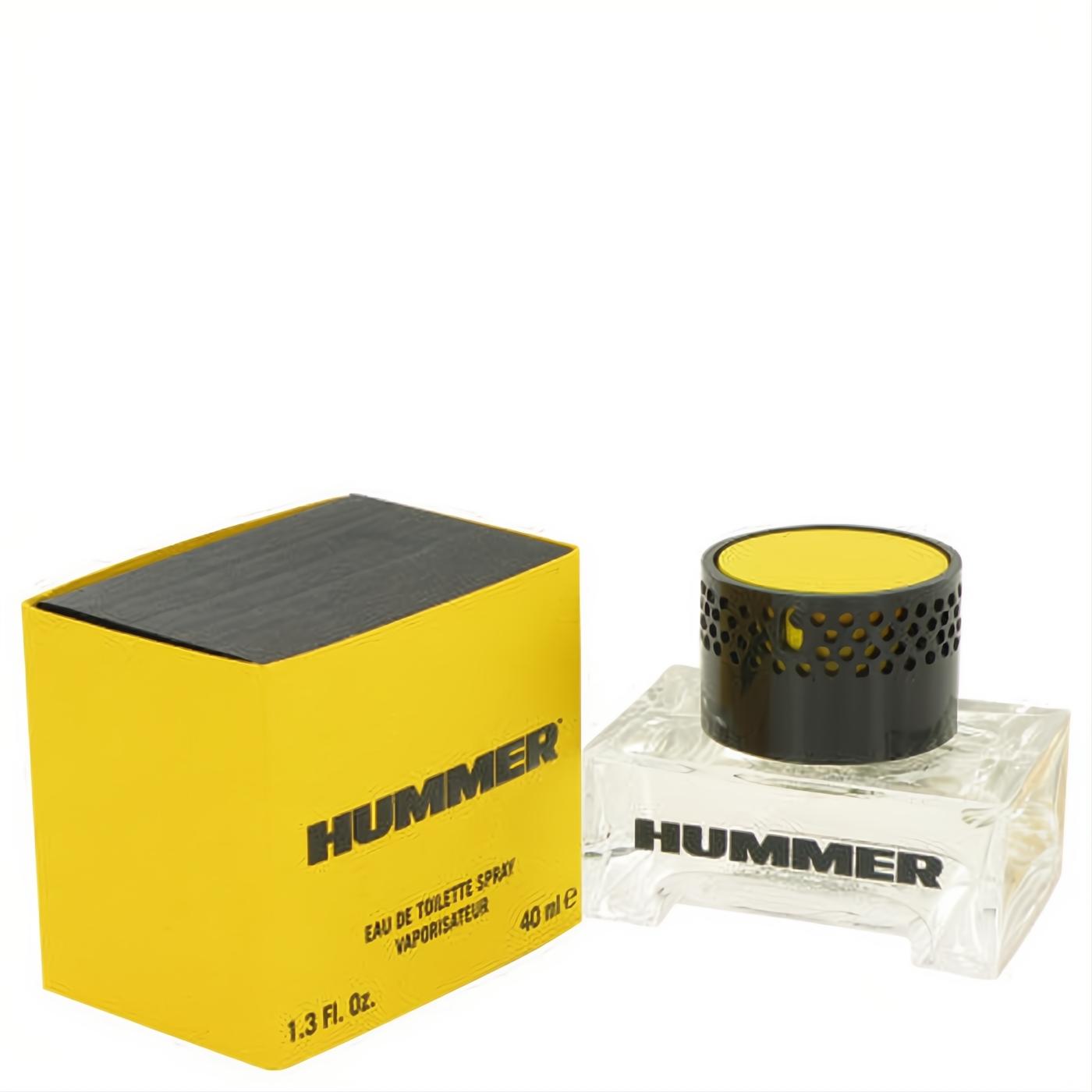 Bold Hummer 1.3 oz men's cologne with clear glass bottle, striking black and yellow cap, and vibrant yellow box.