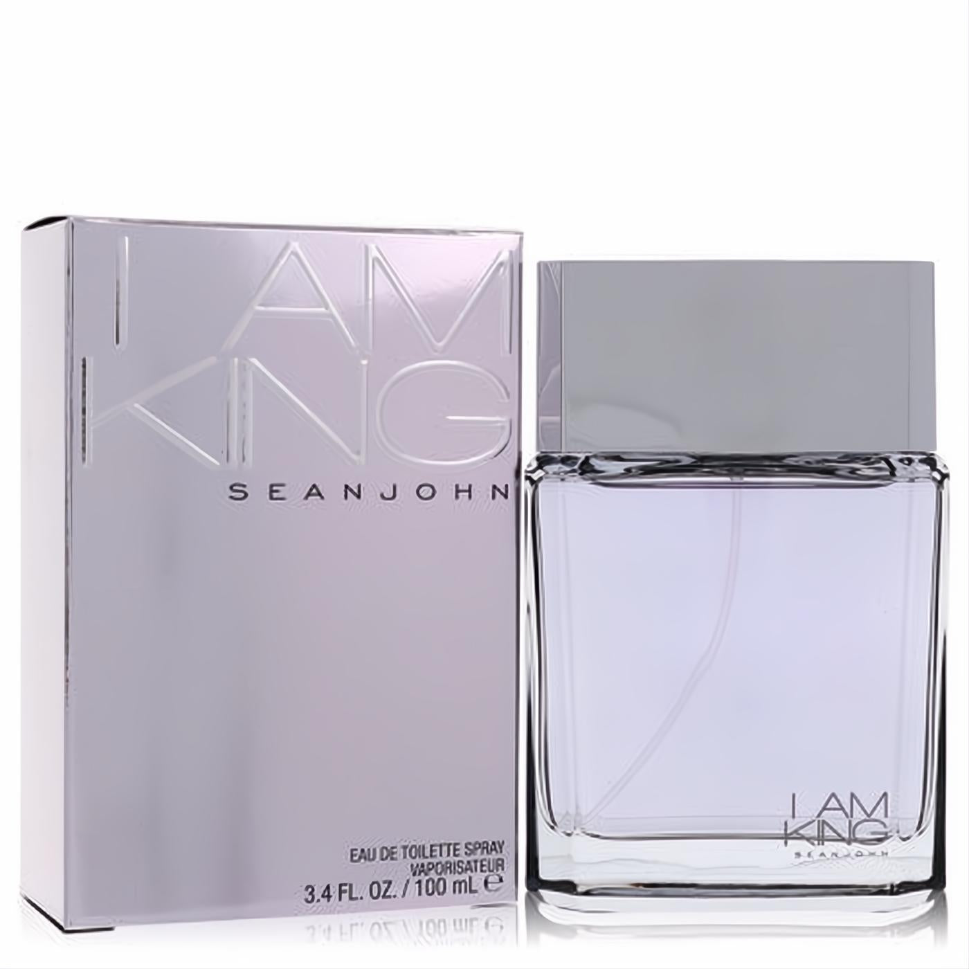 Experience Sean John I Am King 3.4 oz EDT. Clear bottle with subtle lavender liquid, silver cap, and matching metallic box.