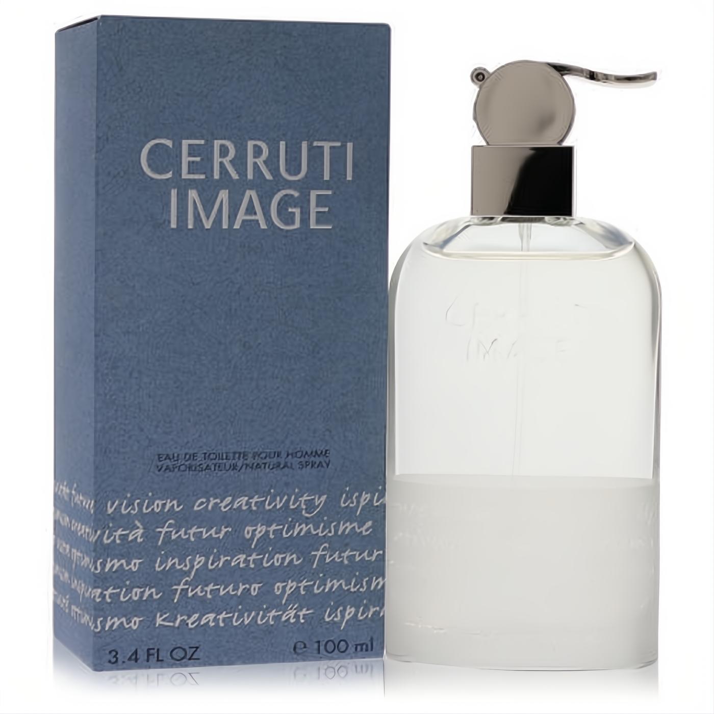 Cerruti Image men's 3.4 oz EDT spray. Modern clear glass bottle with frosted white base, silver pump, and stylish blue-grey box.