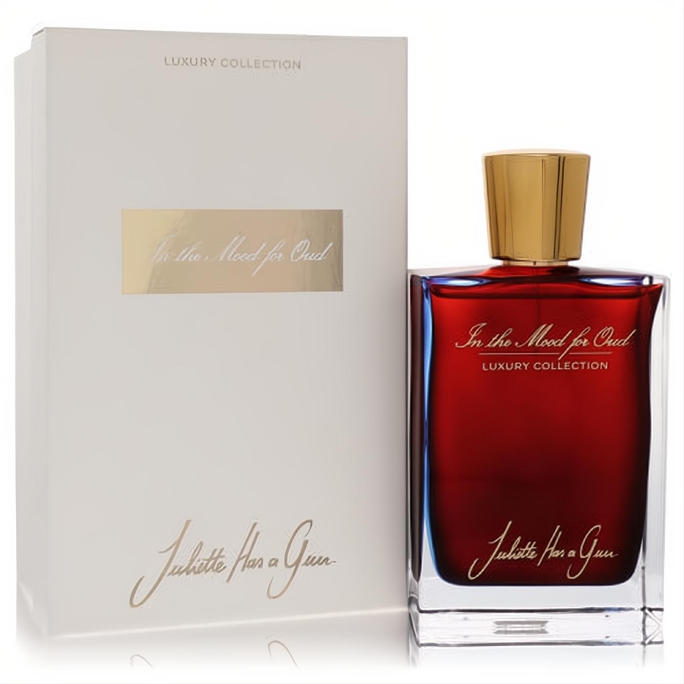Juliette Has a Gun In the Mood for Oud unisex EDP. Luxurious red glass bottle with gold cap & elegant white box.
