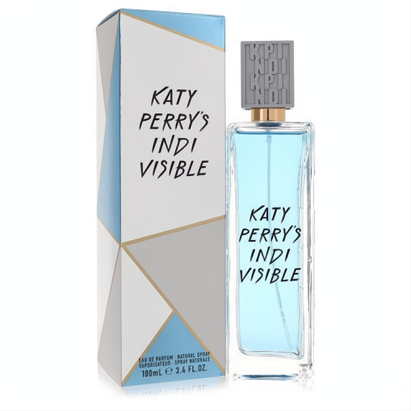 Katy Perry's Indi Visible 3.4 oz Eau de Parfum. Elegant clear bottle with vibrant blue fragrance, unique gray cap, and stylish geometric box.