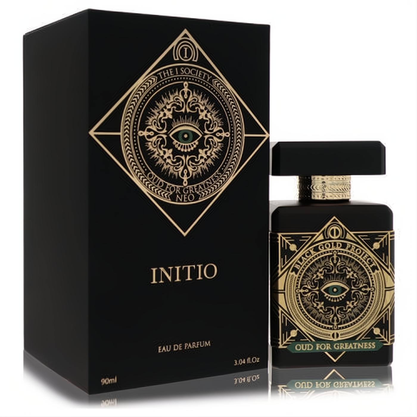 Initio Oud For Greatness Neo 3.04 oz unisex EDP. Striking black bottle and box featuring intricate gold eye motif.