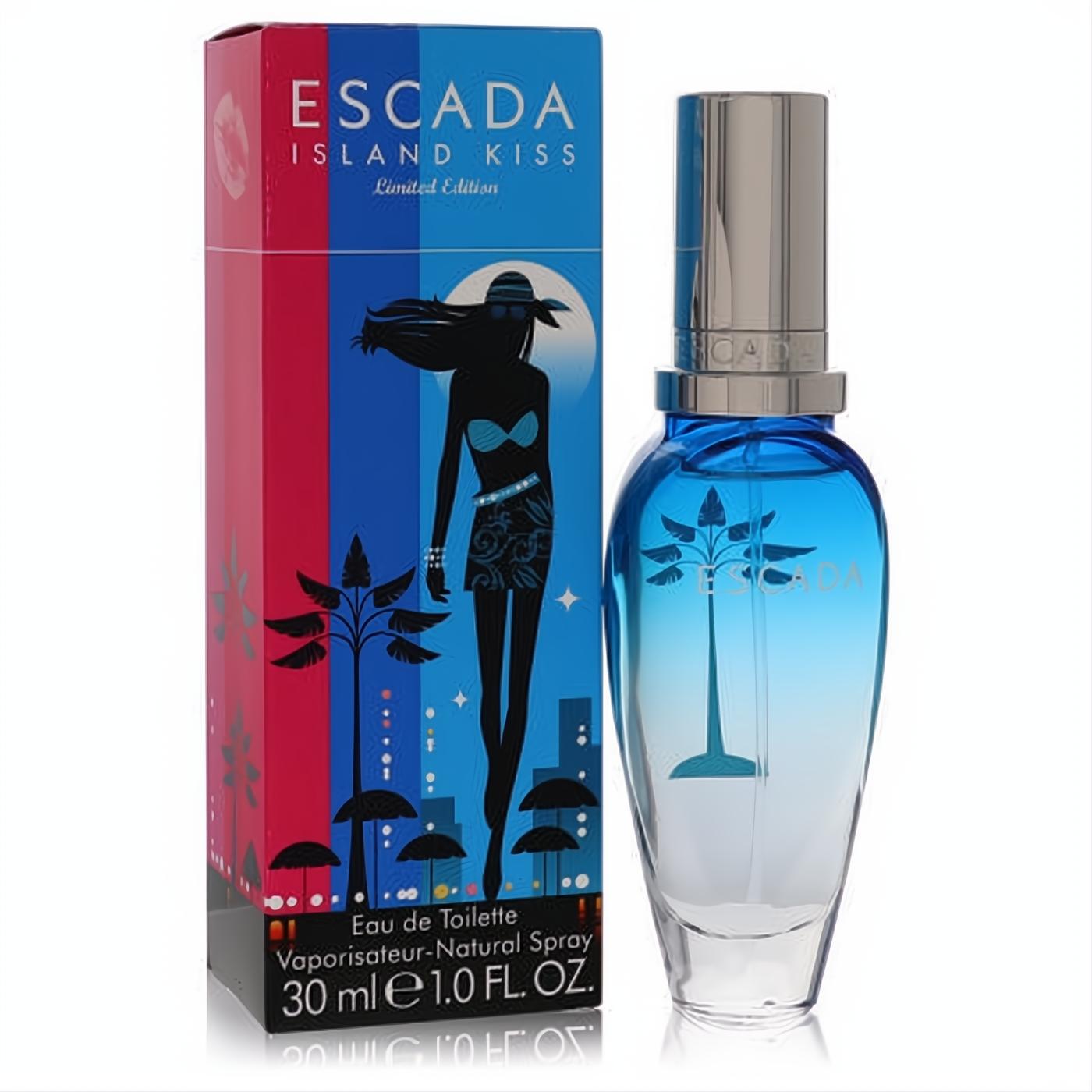 Escada Island Kiss 1 oz EDT spray. Stunning blue ombre glass bottle with palm tree detail and vibrant tropical box.